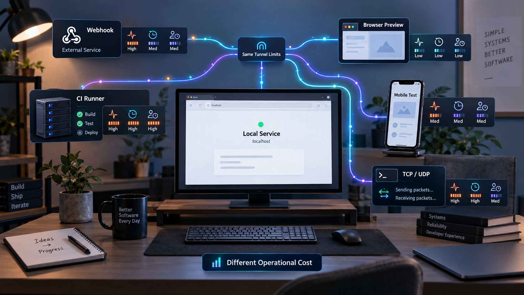 Five development workflows connected to a local service, with indicators for interruptions, recovery time, and engineering effort.