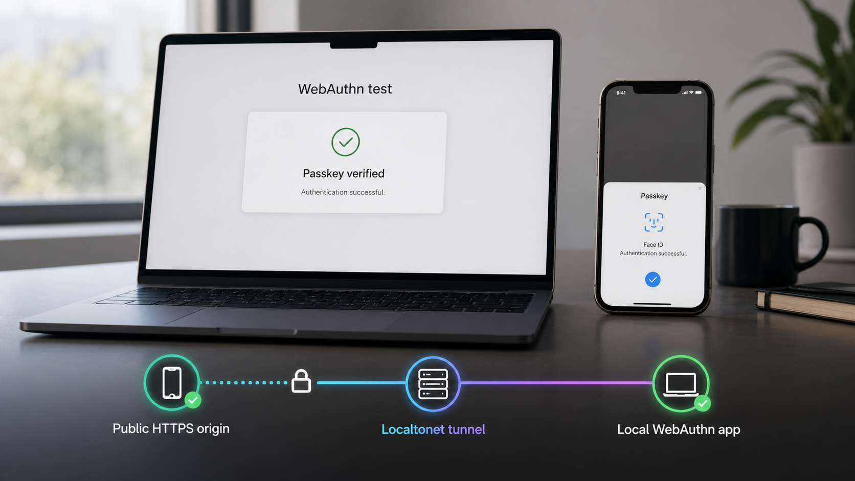 A phone reaches a local WebAuthn app through a public HTTPS endpoint and Localtonet tunnel.