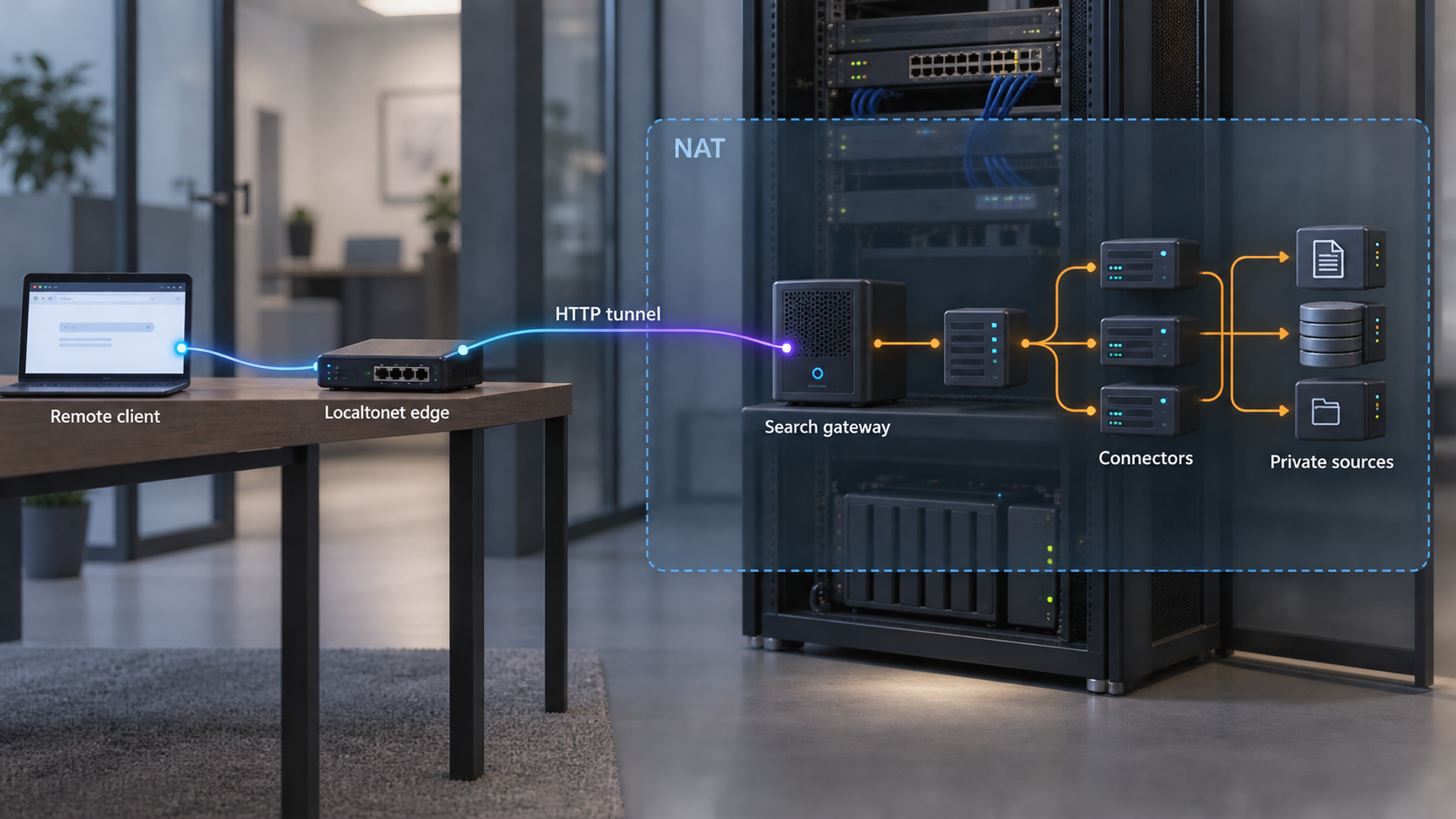 A Localtonet HTTP tunnel reaches only the search gateway behind NAT while connectors and data sources remain private.