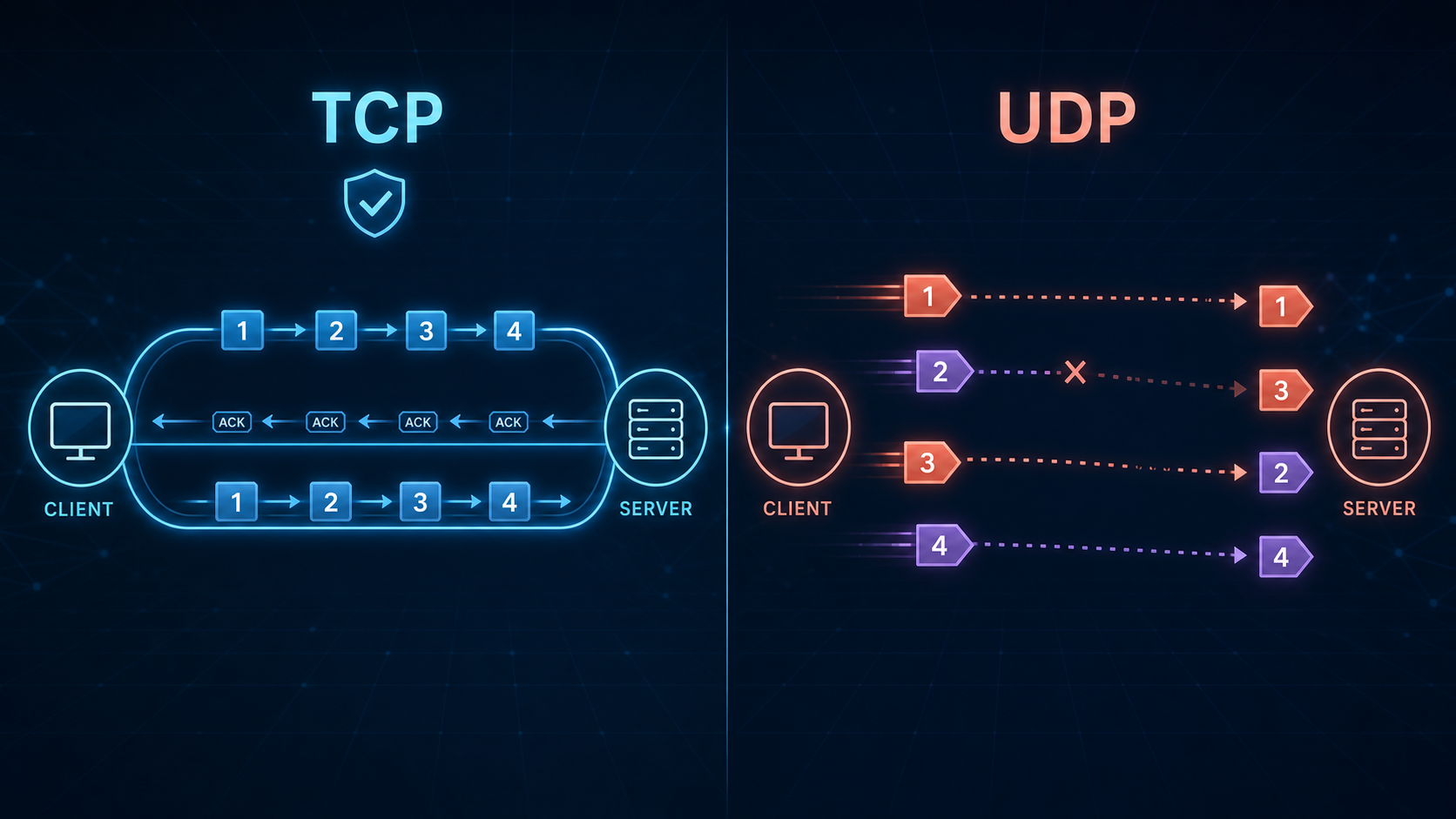 TCP uses an ordered acknowledged connection, while UDP sends independent datagrams without delivery guarantees.
