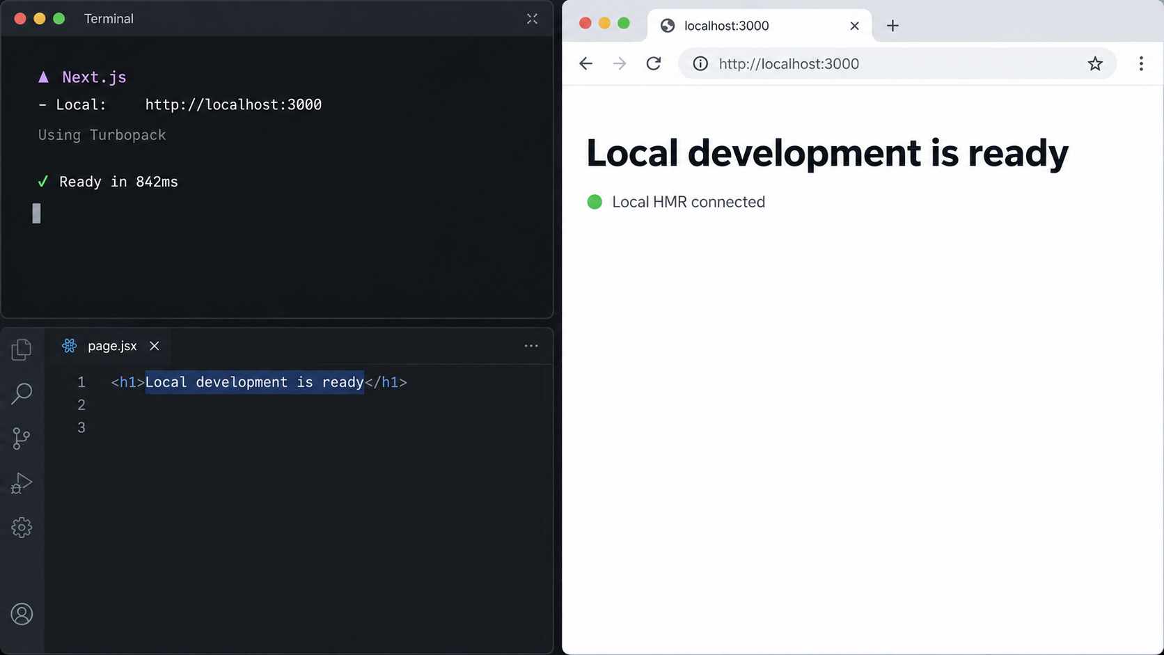 A local Next.js Turbopack server and browser confirm HMR works at localhost:3000.