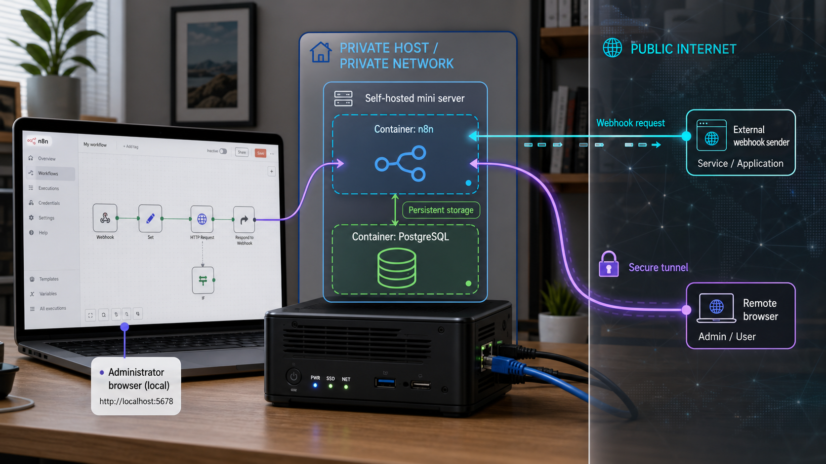 Self-hosted n8n server connected to PostgreSQL, webhook senders, and remote clients.