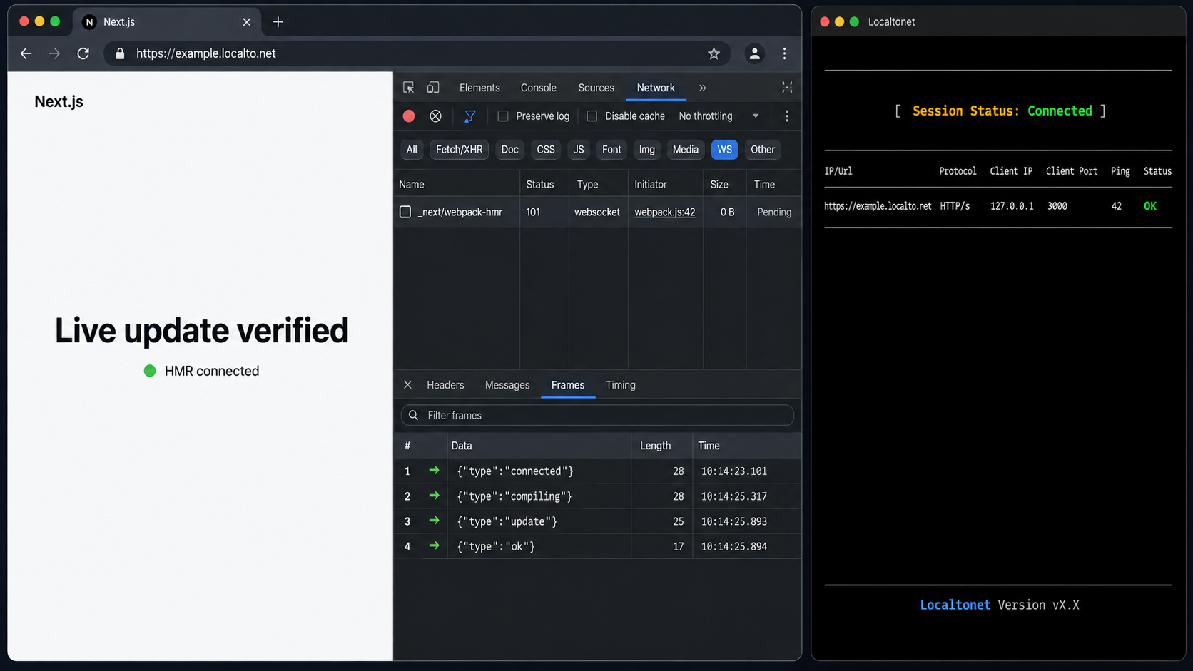 The public preview shows a successful HMR WebSocket upgrade through the Localtonet tunnel.