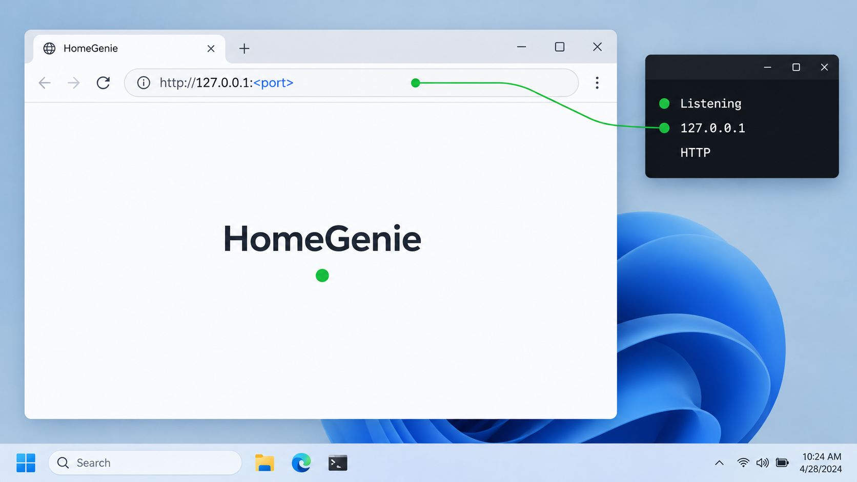 A Windows browser successfully opens the HomeGenie HTTP endpoint on the local host.
