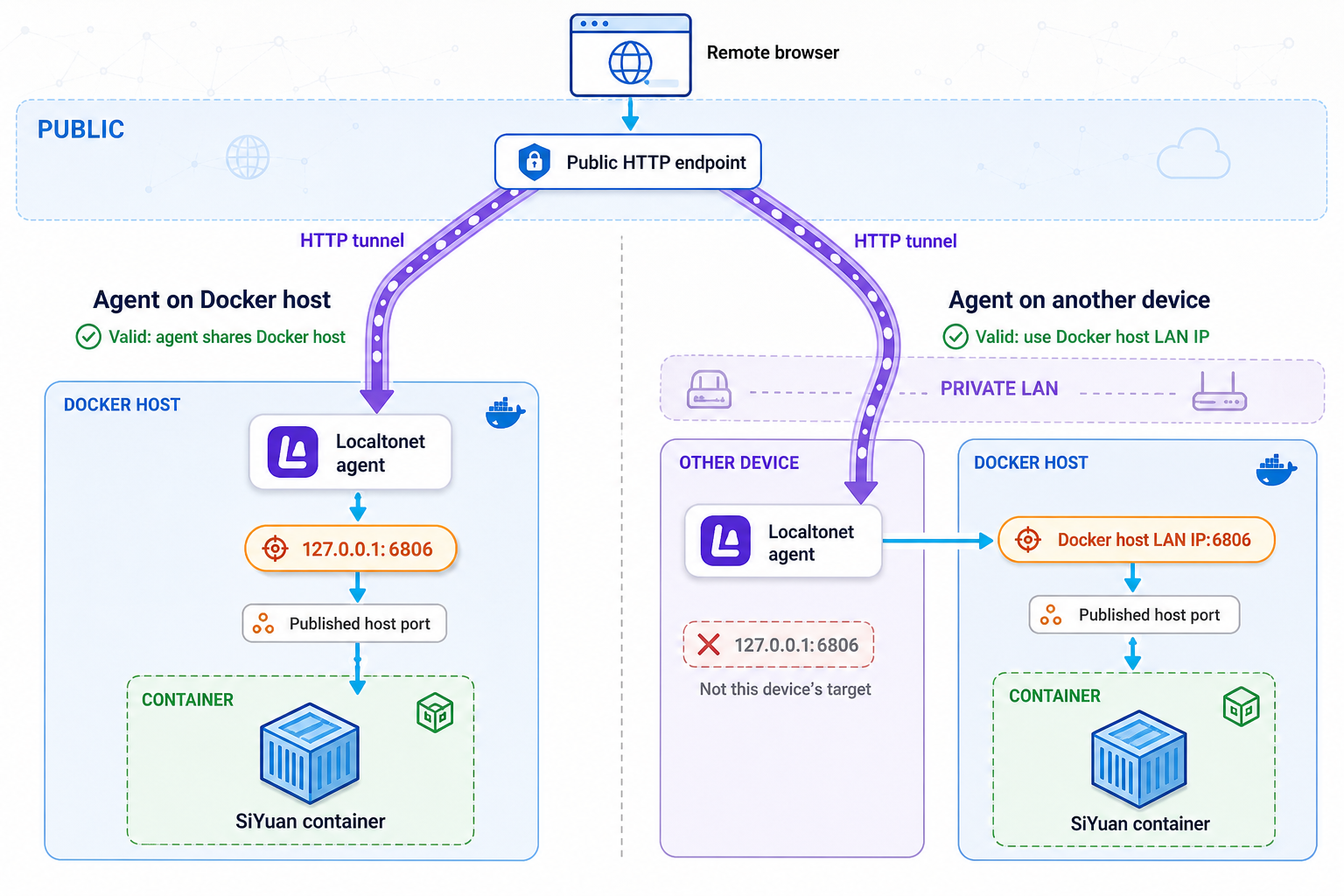 Localtonet target choices for an agent on the Docker host or another LAN device.
