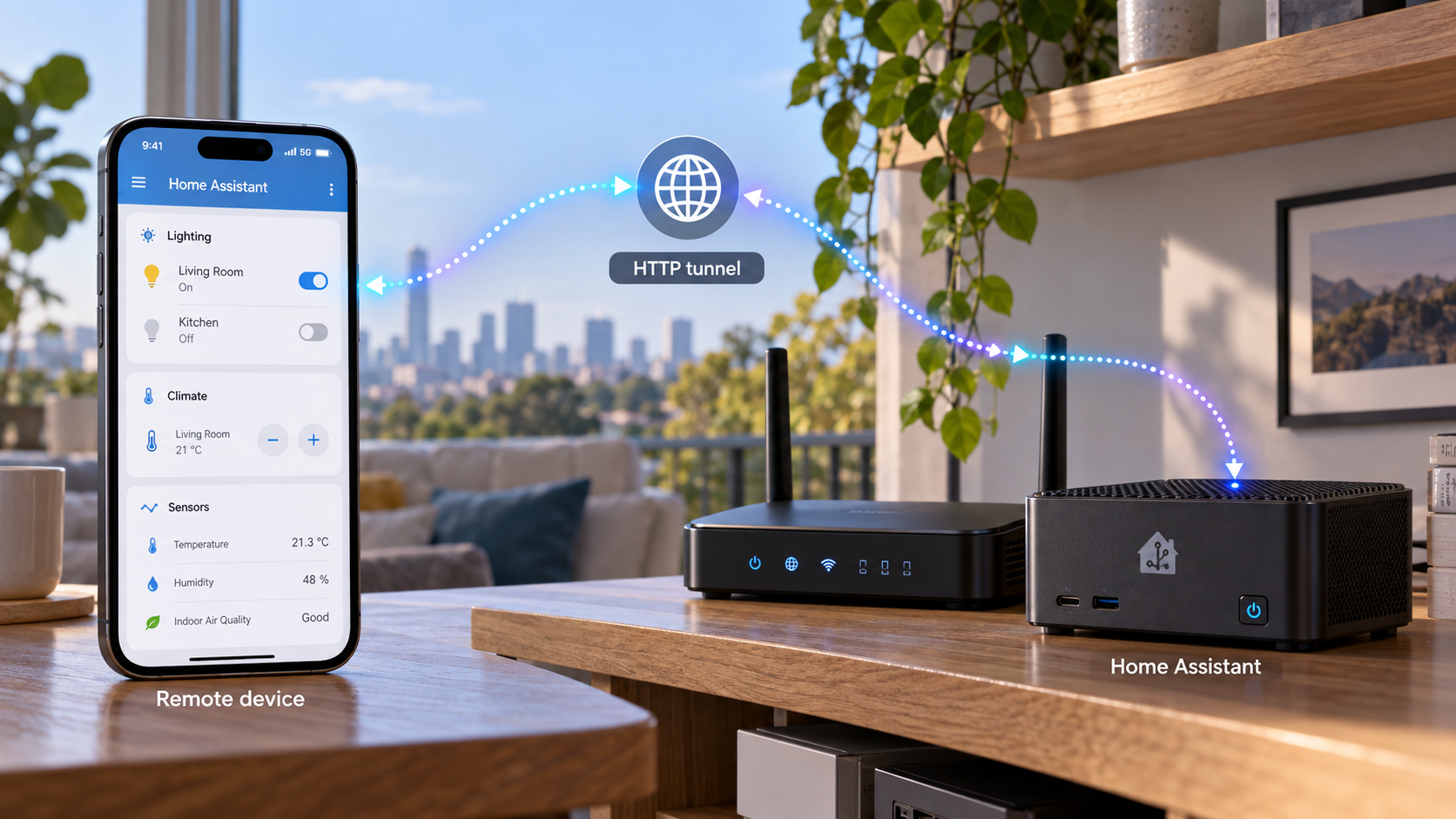 A remote phone connects through an HTTP tunnel to Home Assistant on a private home network.