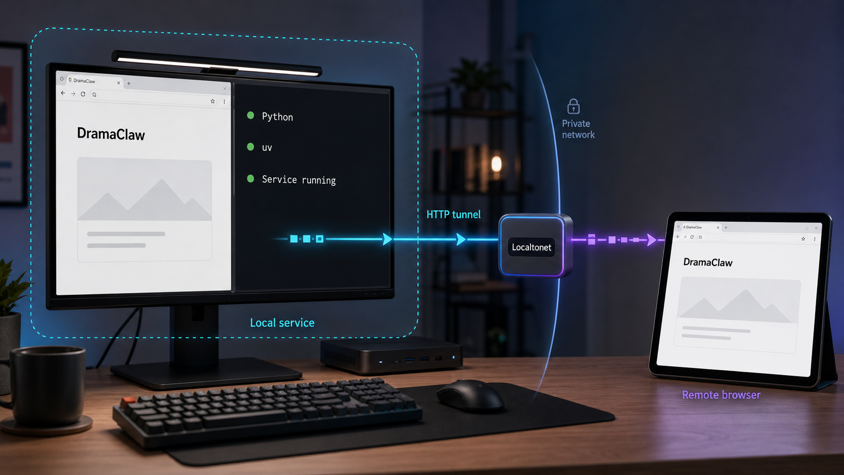 DramaClaw running locally and connected to a remote browser through a Localtonet HTTP tunnel.