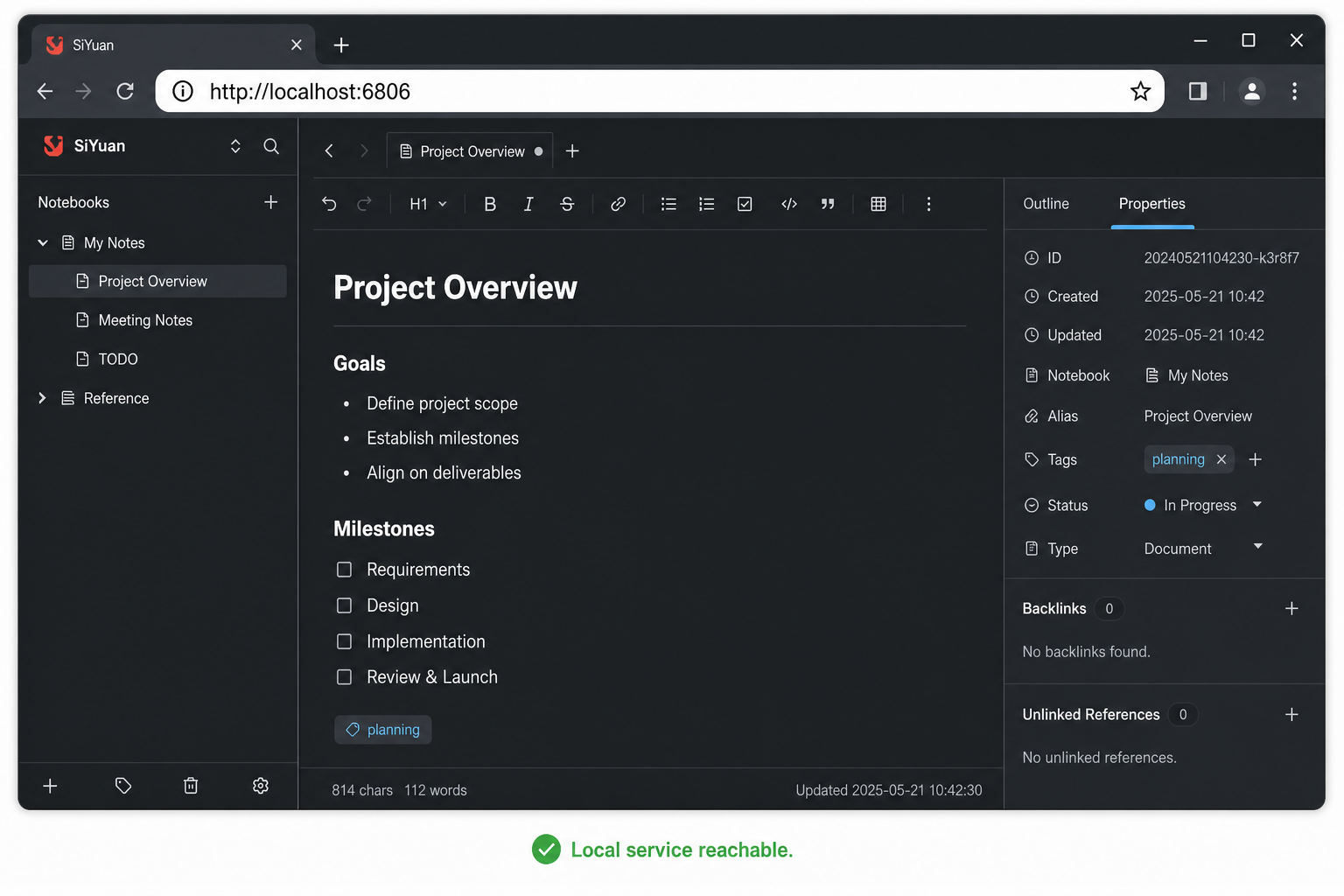 SiYuan open locally in a browser at localhost port 6806.