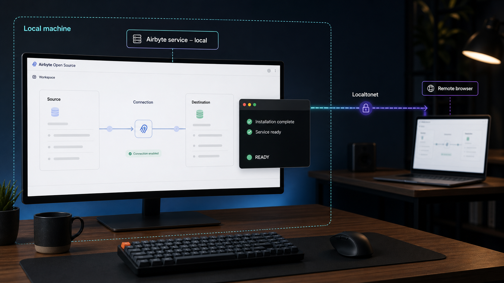 Airbyte running locally on a workstation with a secure path to a remote browser.