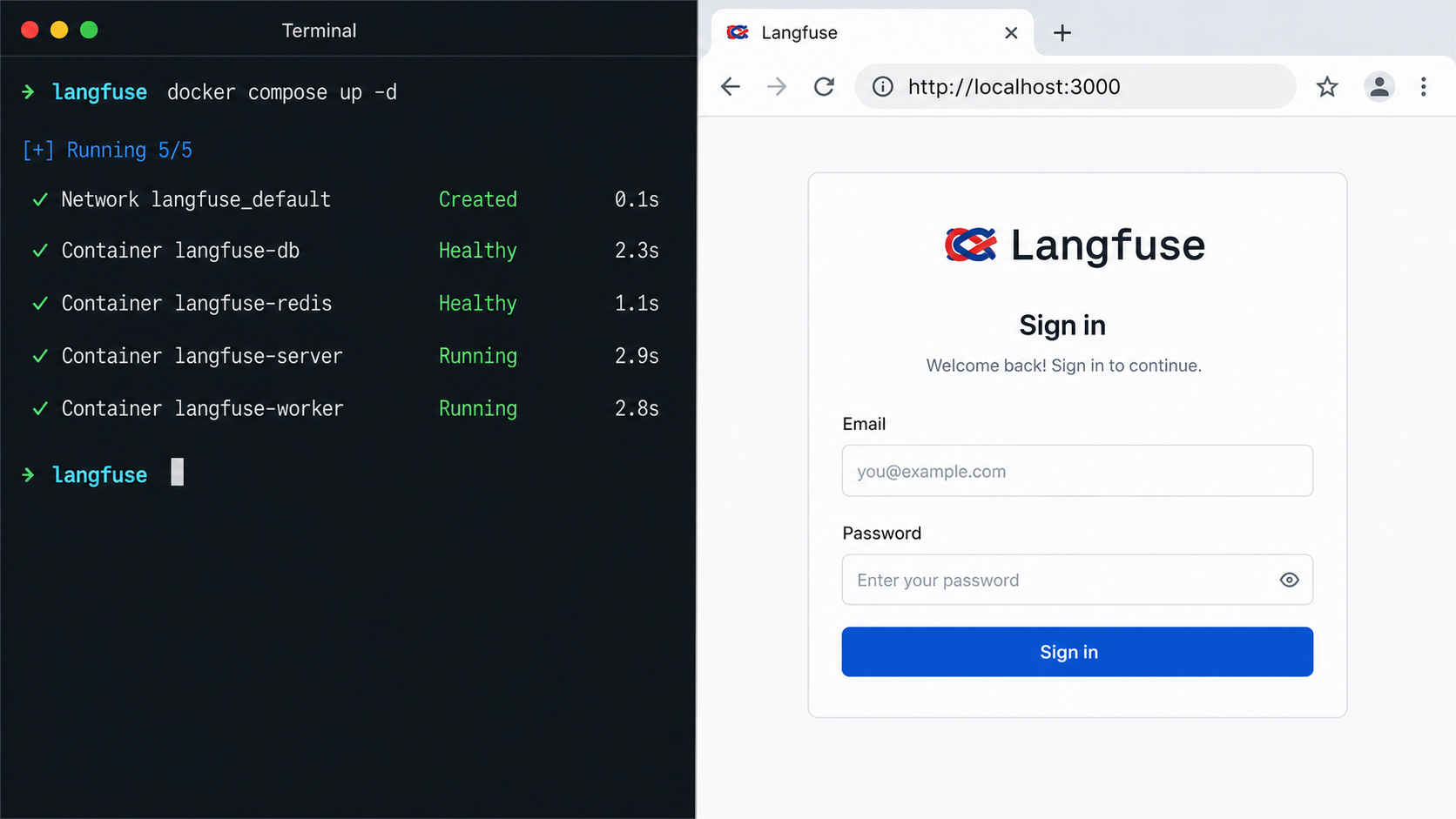 Docker Compose running Langfuse beside the Langfuse page at localhost port 3000.