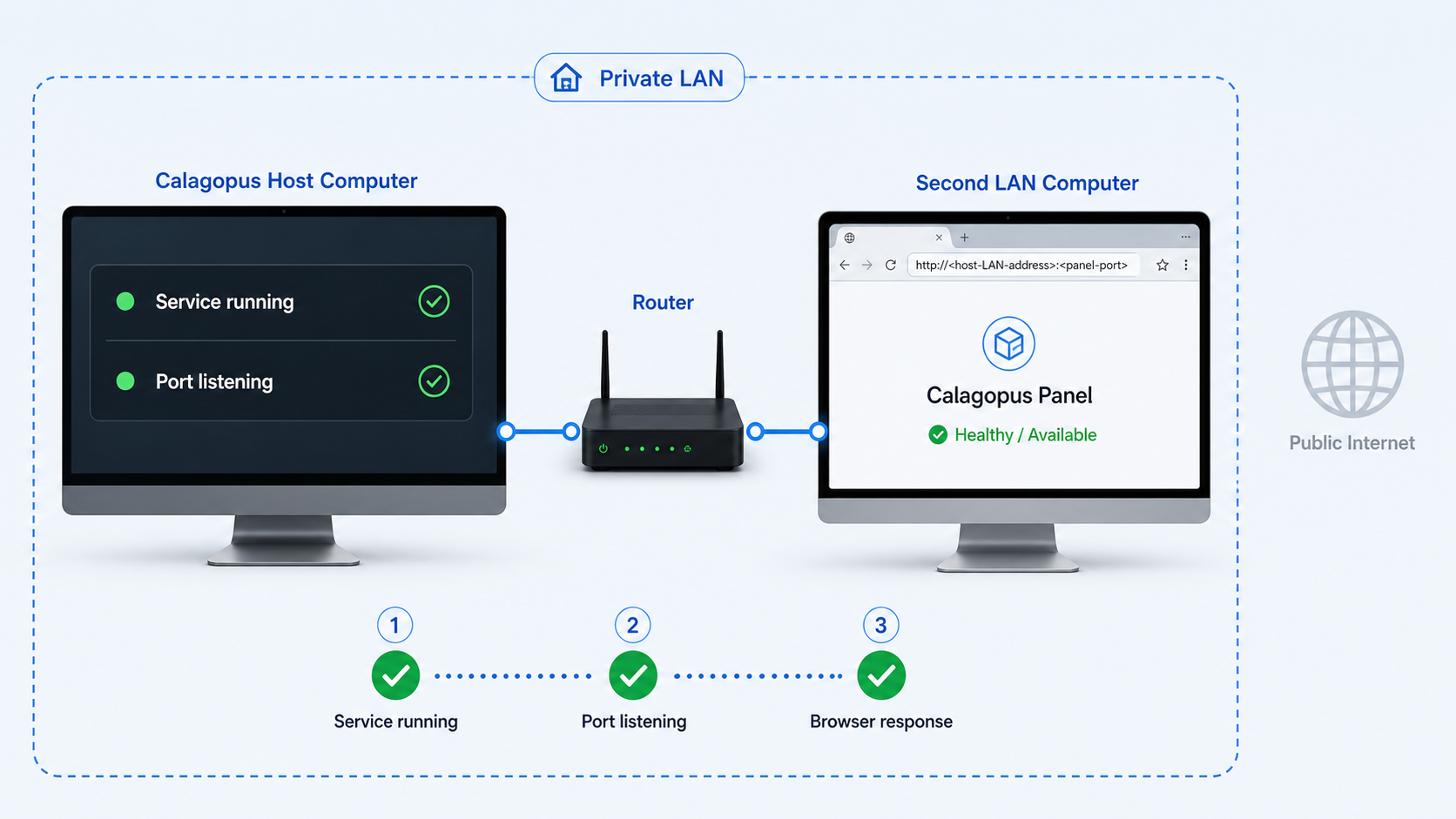 Local browser verifying the Calagopus Panel service through the LAN.