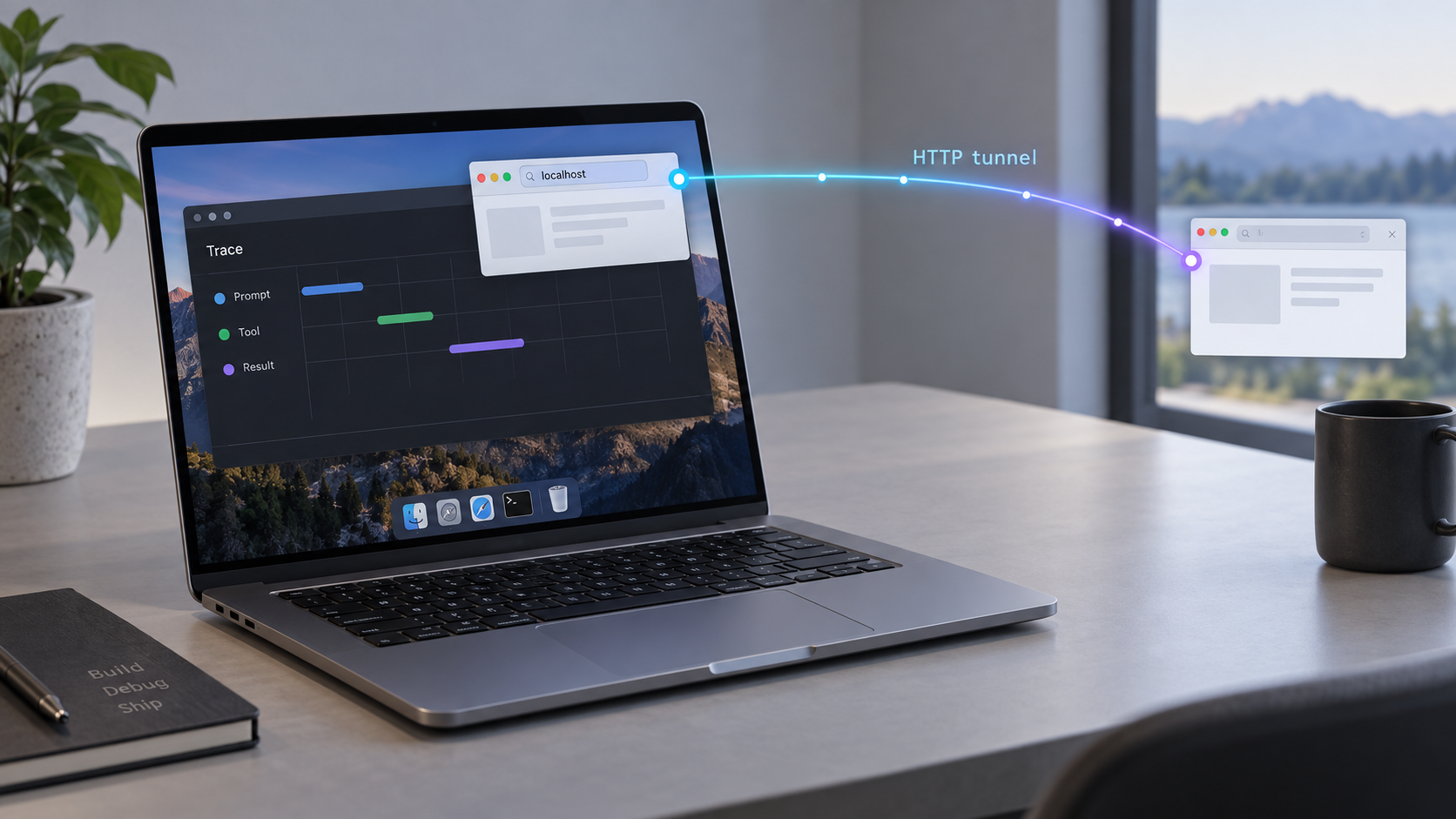 Claude Code Trace Web Mode on a Mac connected to a remote browser through an HTTP tunnel.