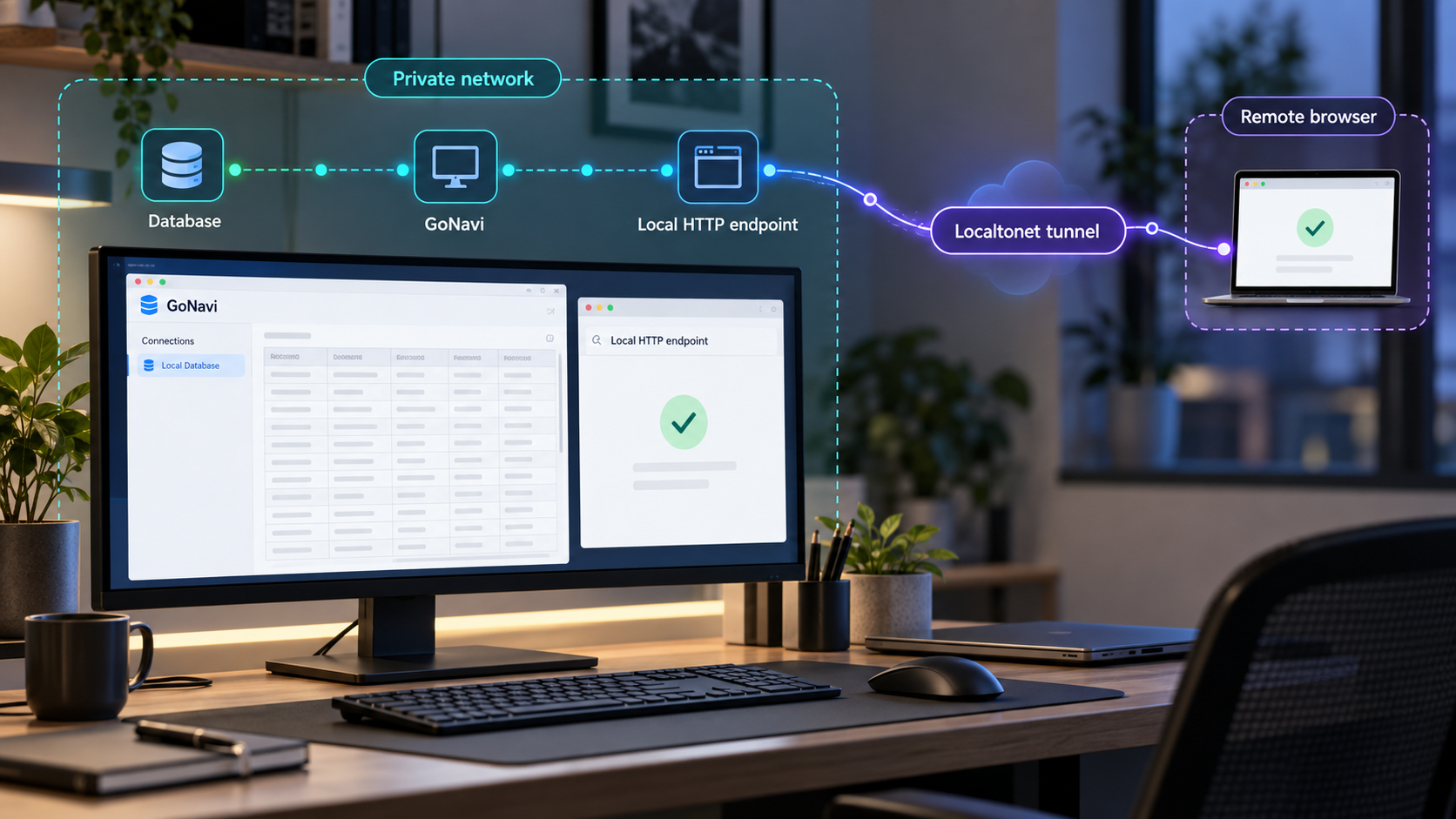GoNavi connected to a database and exposed to a remote browser through a Localtonet tunnel.