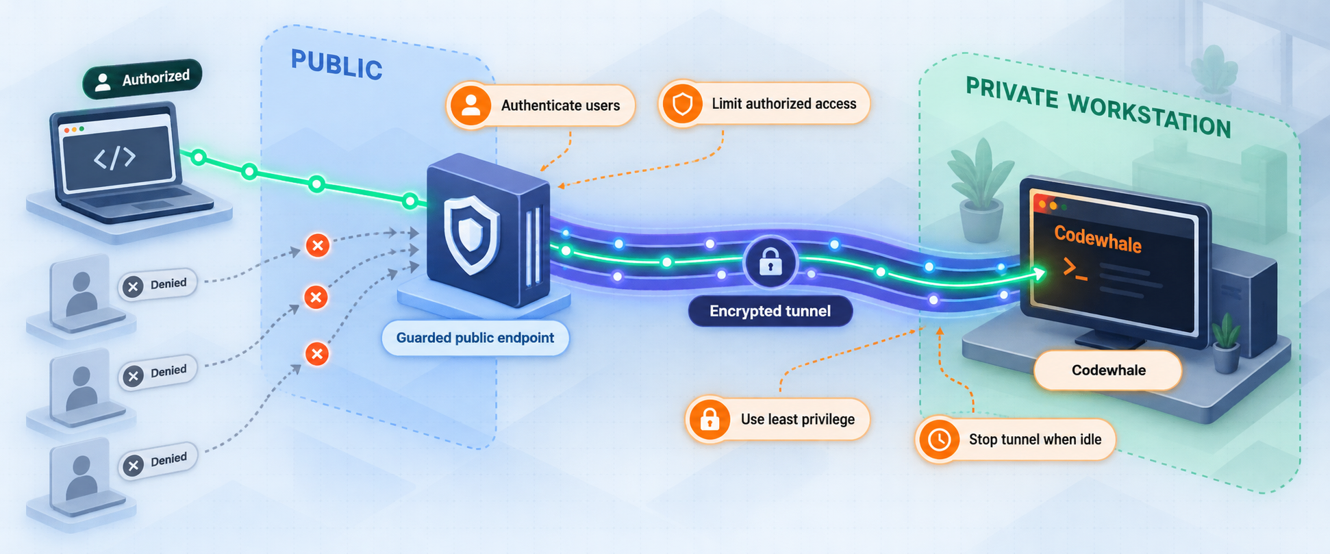 Security boundaries and access controls around a remotely exposed Codewhale service.