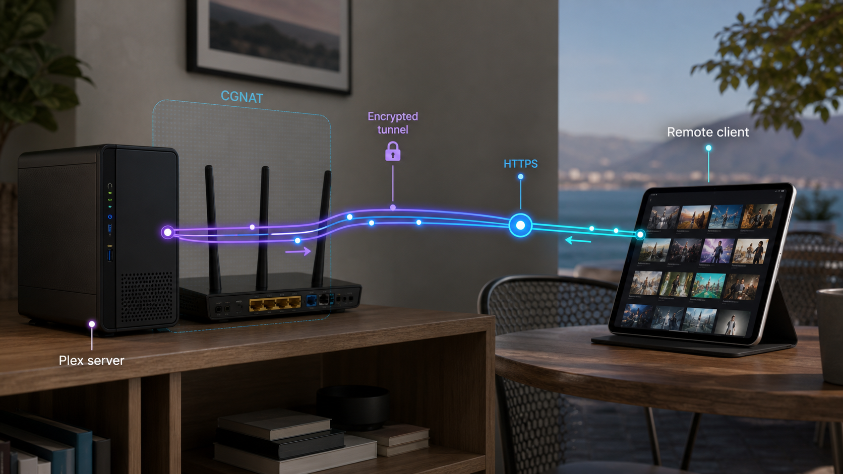 Remote tablet connecting through an HTTPS tunnel to a Plex server behind CGNAT.