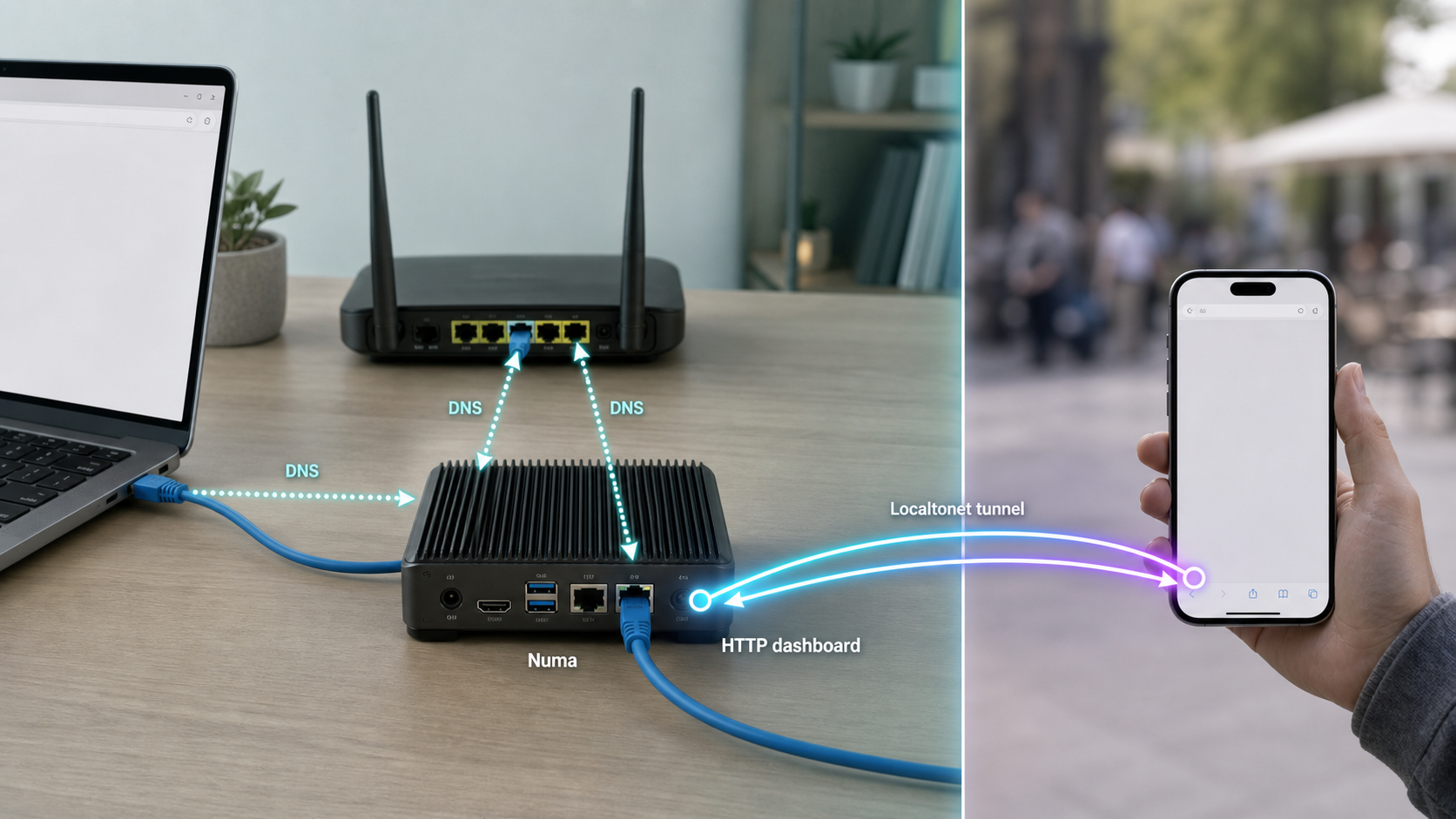 Numa serves local DNS while Localtonet connects a remote browser to its local dashboard.