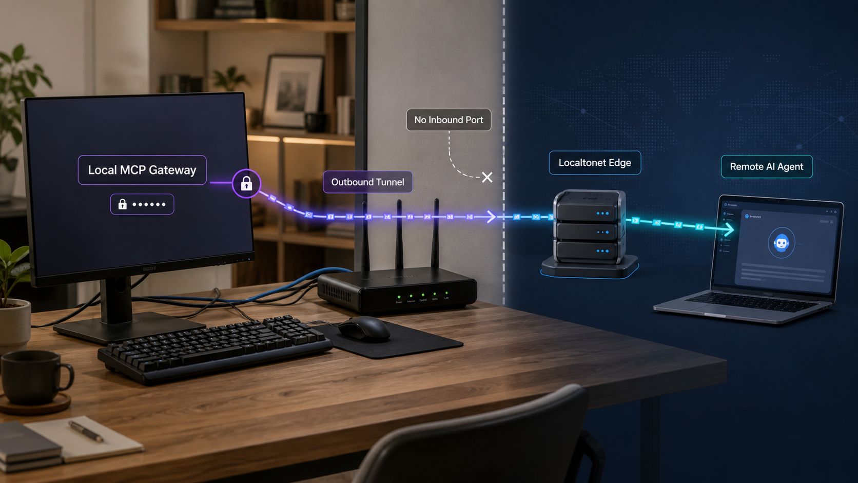 A local MCP gateway reaches a remote AI agent through an outbound Localtonet tunnel without an open router port.