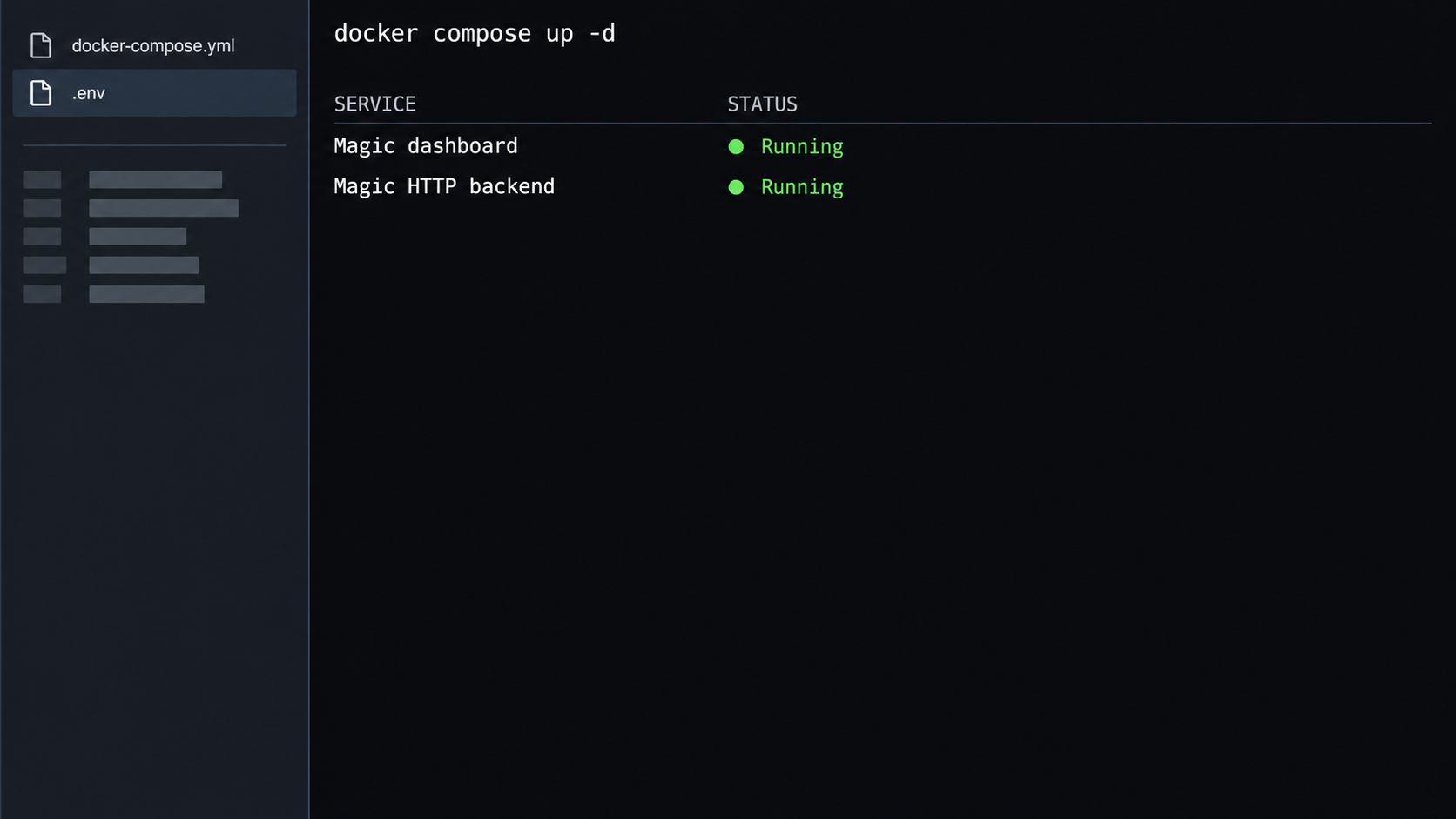 Terminal showing Magic services started with Docker Compose and marked as running.