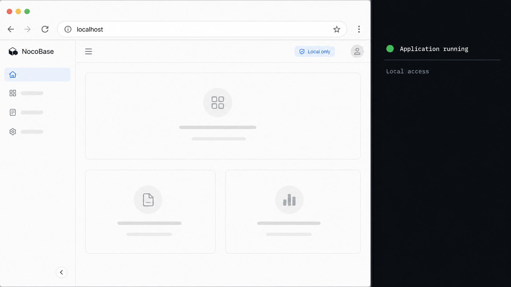 NocoBase loaded from localhost beside a running application process.