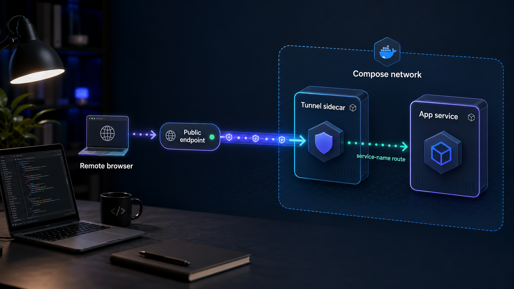 A Localtonet sidecar routes public traffic to an app container over a shared Compose network.