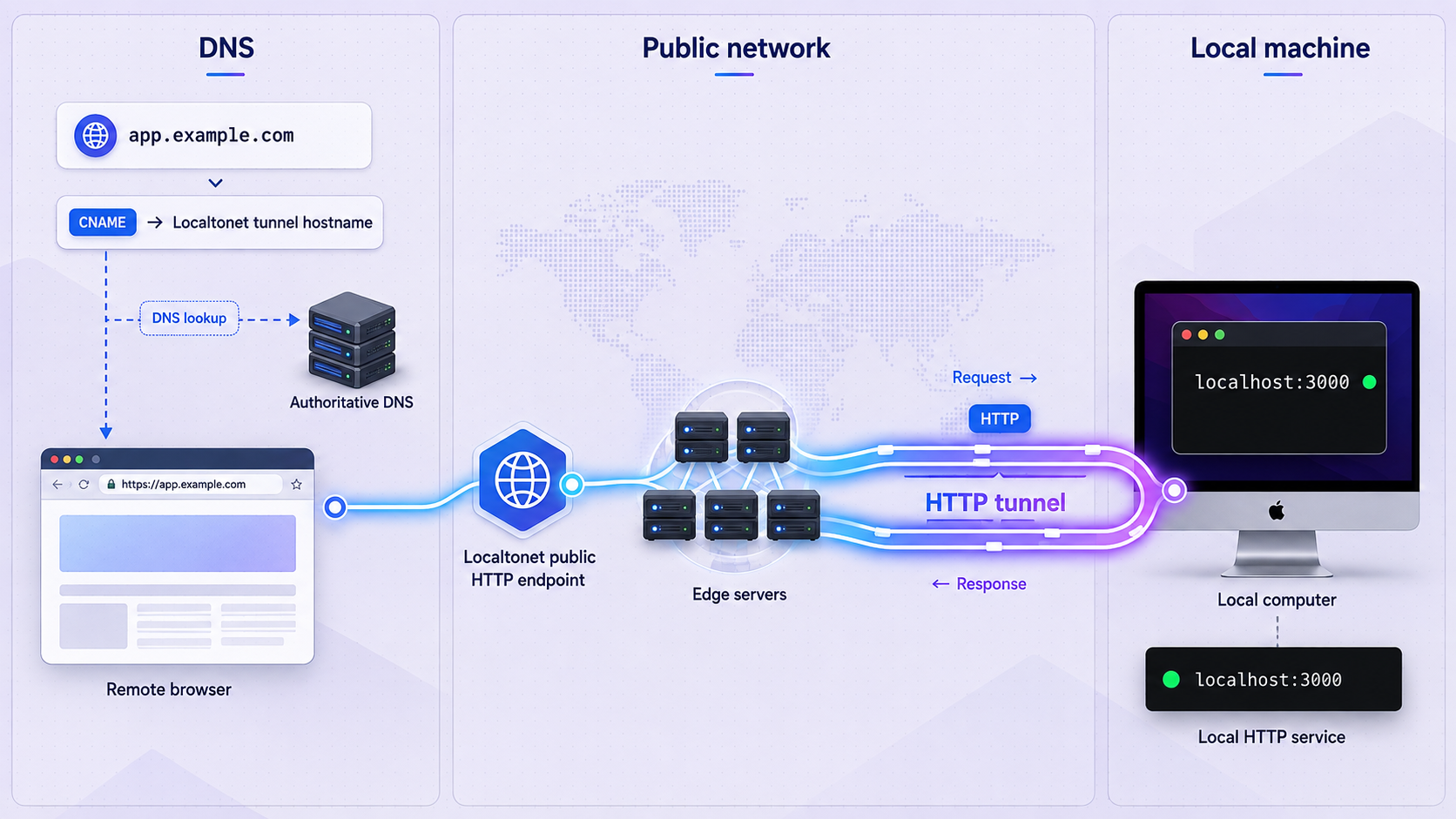 A custom subdomain routes through DNS and a Localtonet HTTP tunnel to localhost.