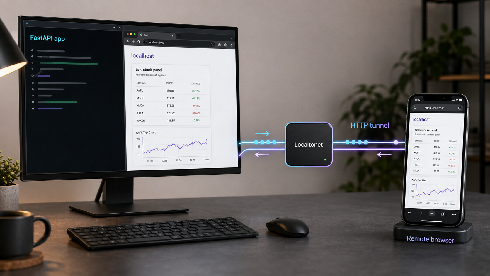 A local FastAPI application connected through an HTTP tunnel to a remote browser.