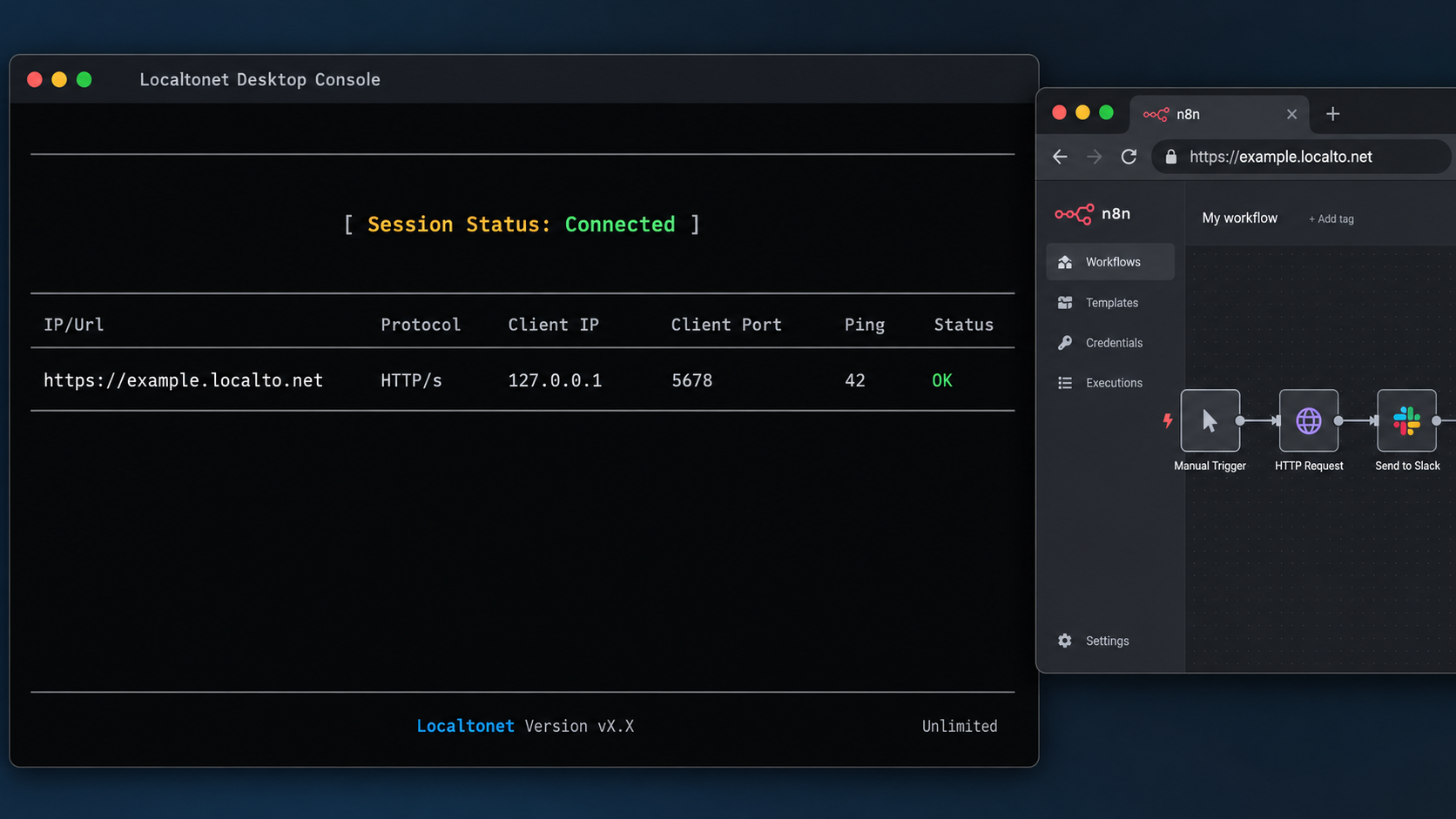 Localtonet console showing a connected HTTP tunnel to 127.0.0.1 on port 5678.