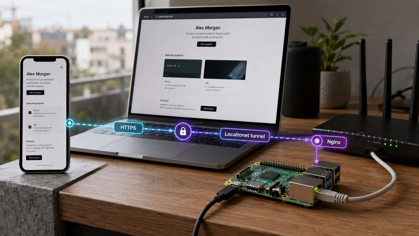 Raspberry Pi serving a portfolio through Nginx and an HTTPS tunnel to a remote phone.