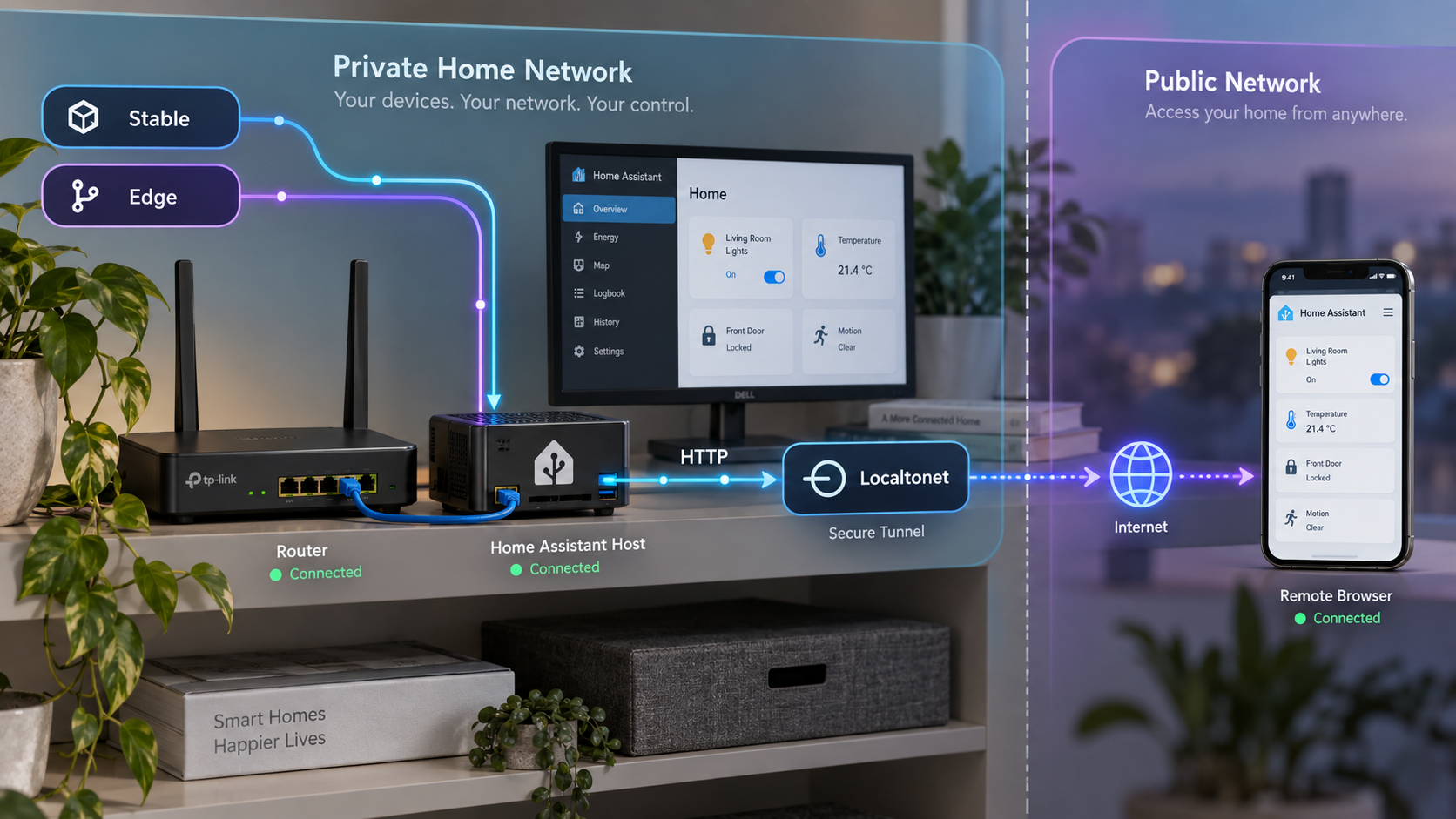 Home Assistant host receiving a stable or edge app and exposing its web service through Localtonet.
