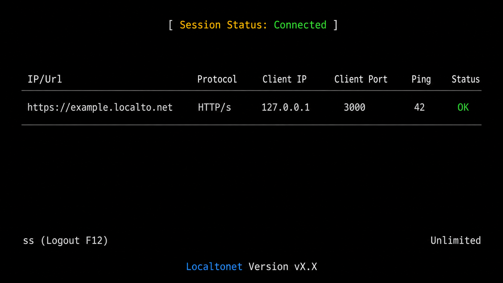 Localtonet console showing a connected session and an HTTP tunnel with OK status.