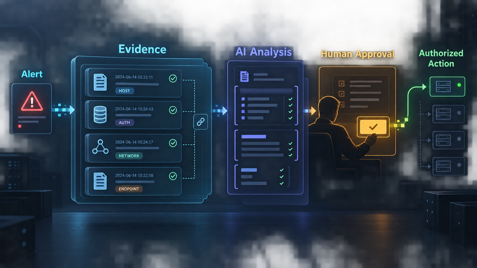 Security alert flow from deterministic evidence collection through AI analysis and human approval to an authorized action.