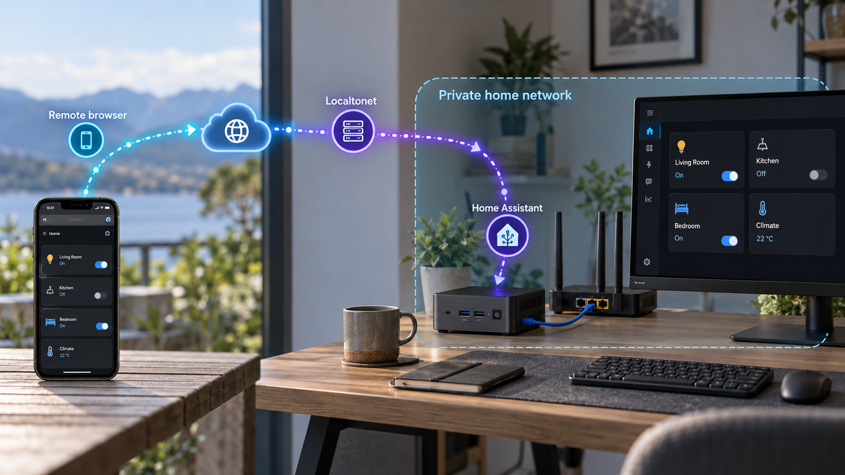 Home Assistant server connected to a home router and reached remotely through Localtonet.