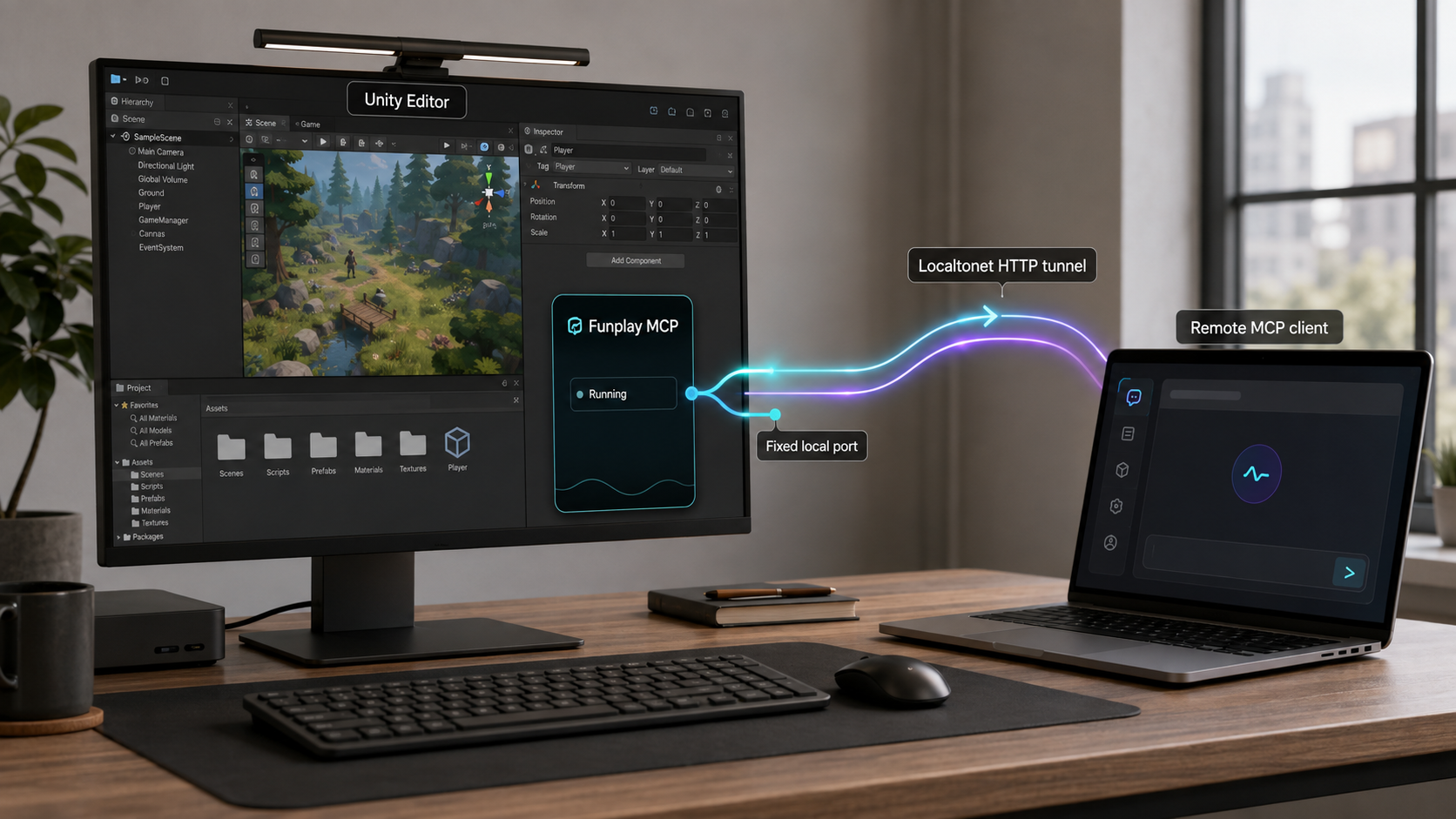 Unity and Funplay MCP on a fixed local port connected to a remote MCP client through a Localtonet HTTP tunnel.