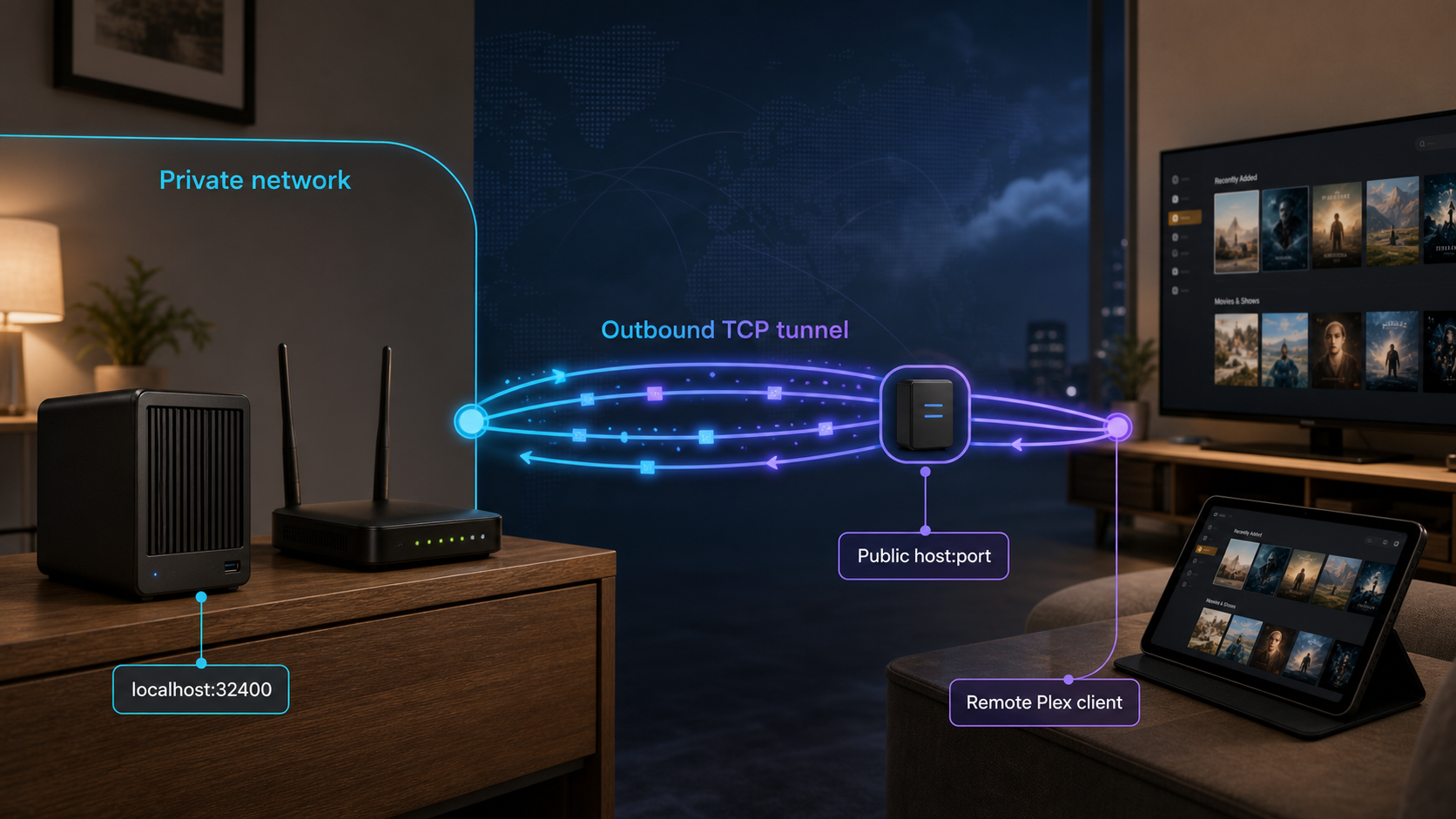 A home Plex server creates an outbound TCP tunnel to a public relay used by a remote client.