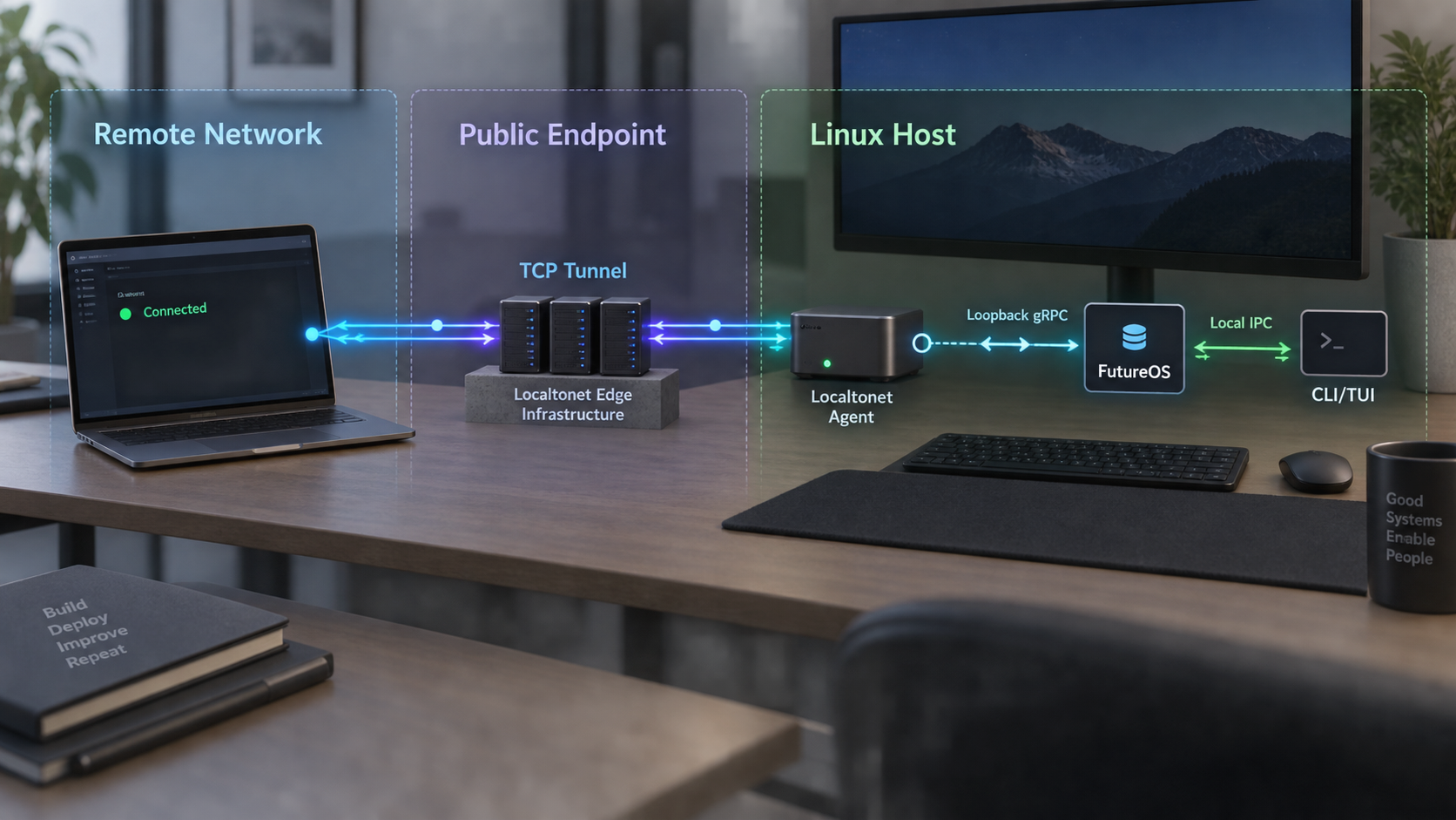 Remote CLI client reaching FutureOS through a Localtonet TCP tunnel while the gRPC listener remains on Linux loopback.