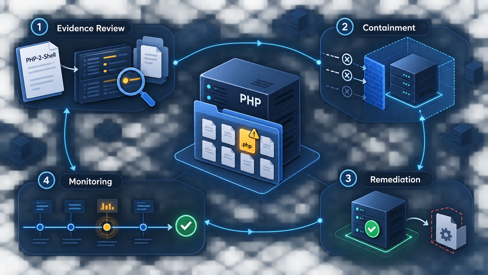 PHP web-shell report moving through assessment, containment, remediation, and monitoring.
