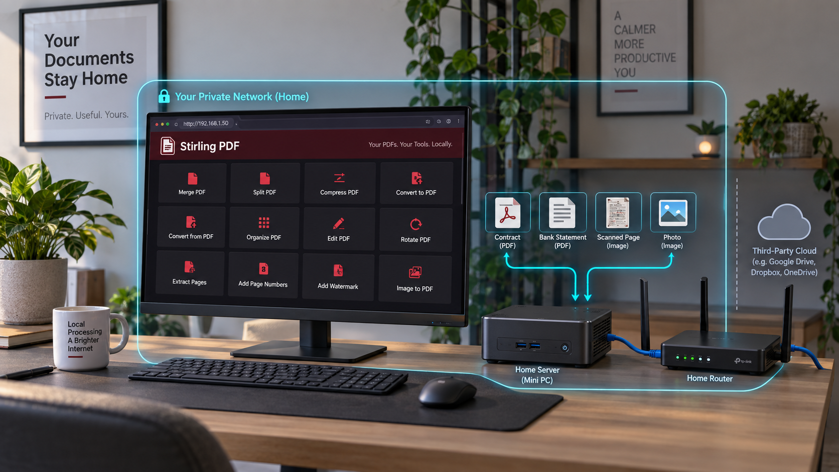 Workstation processing PDF documents through Stirling PDF on a local server.
