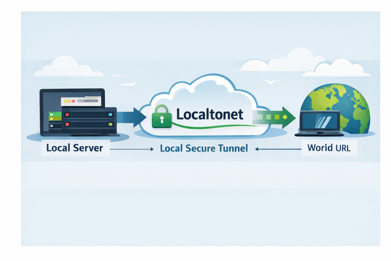 Diagram showing Localtonet secure tunnel from a local server to a public world URL