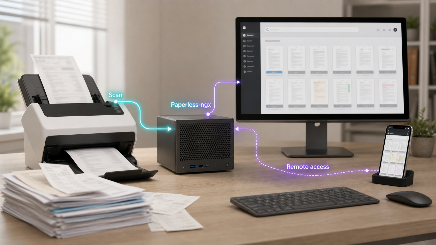 Paper documents being scanned into a self-hosted archive accessible from a computer and phone.