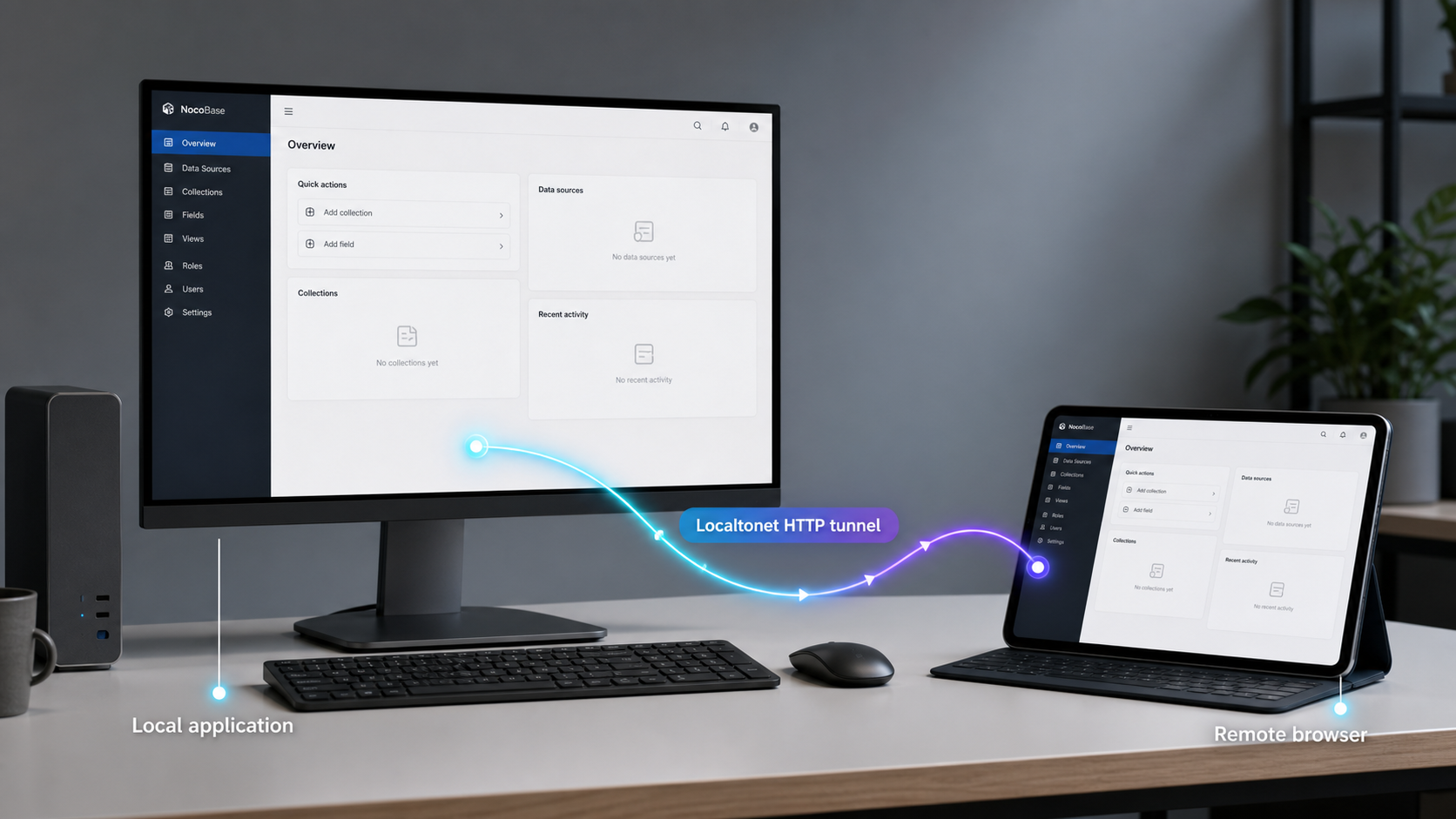 A local NocoBase application connected to a remote browser through a Localtonet HTTP tunnel.