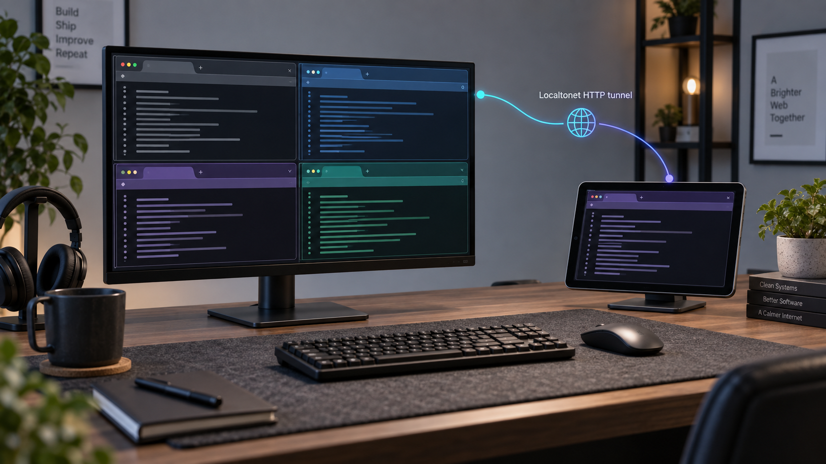 Multiple MulmoTerminal sessions on a workstation connected to a remote browser through a Localtonet HTTP tunnel.