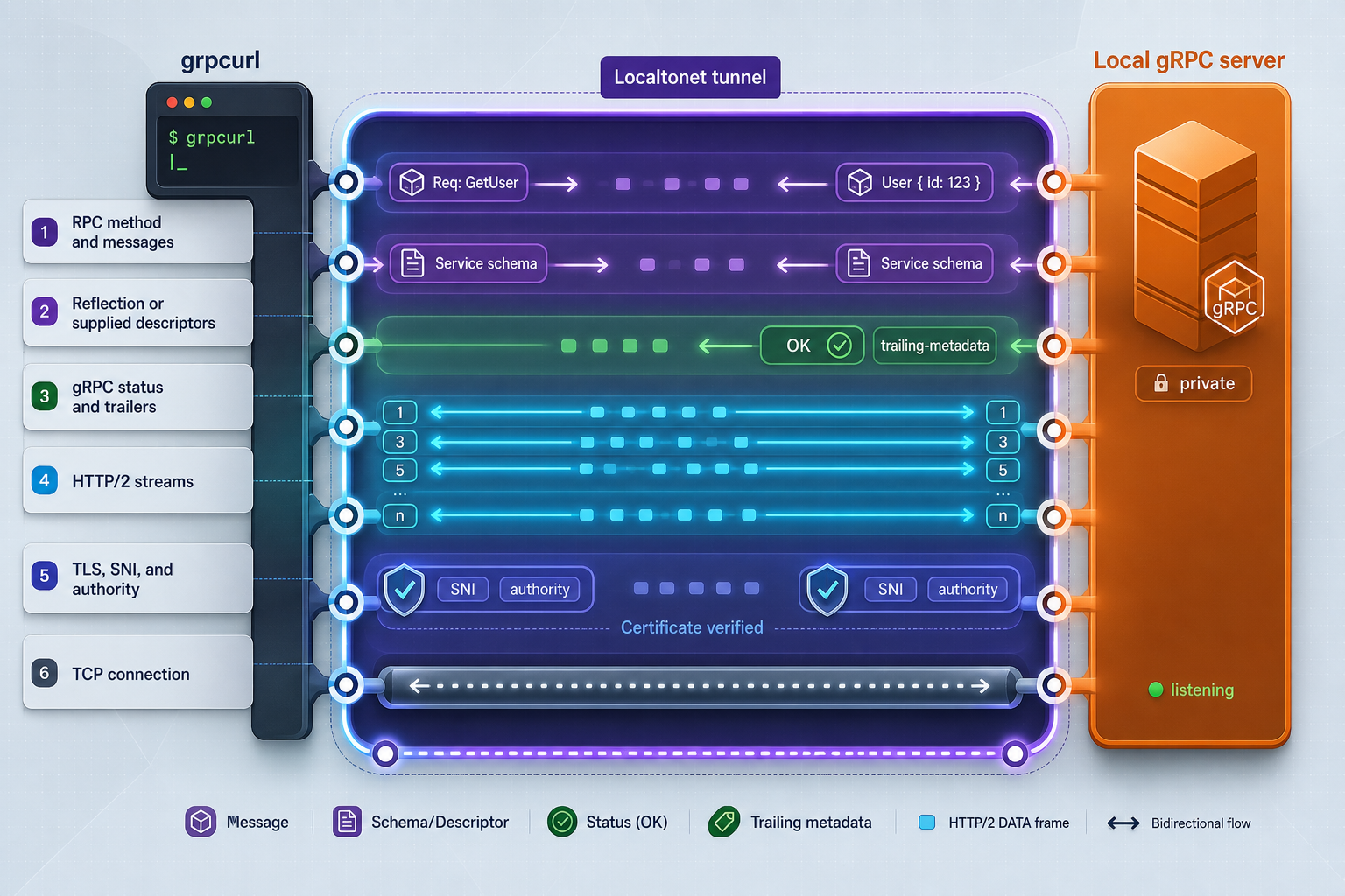 Protocol layers for gRPC over a tunnel, including HTTP/2, TLS, authority, reflection, and trailers.