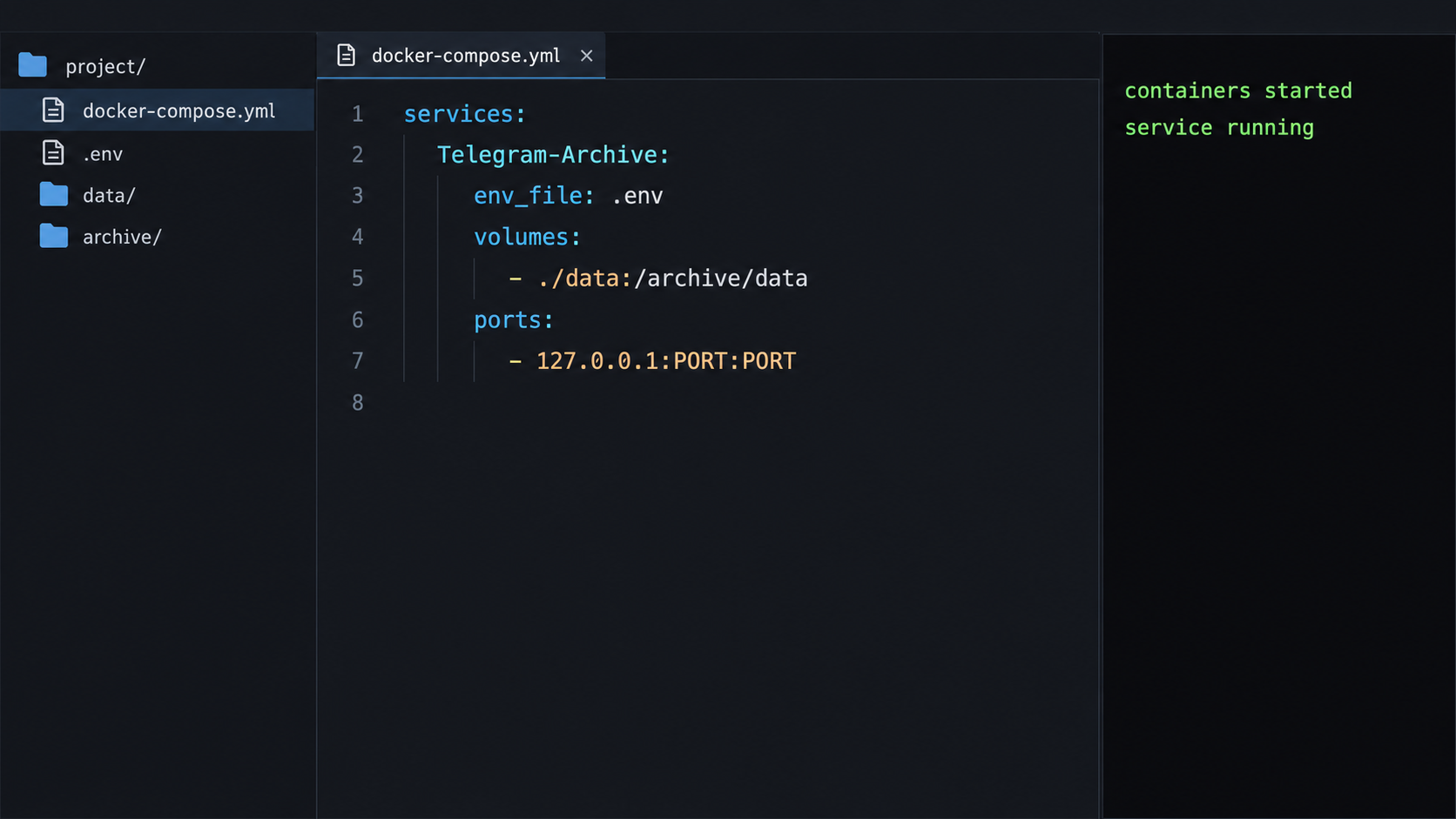 Code editor showing a Docker Compose project with configuration, persistent storage, and a local viewer port.
