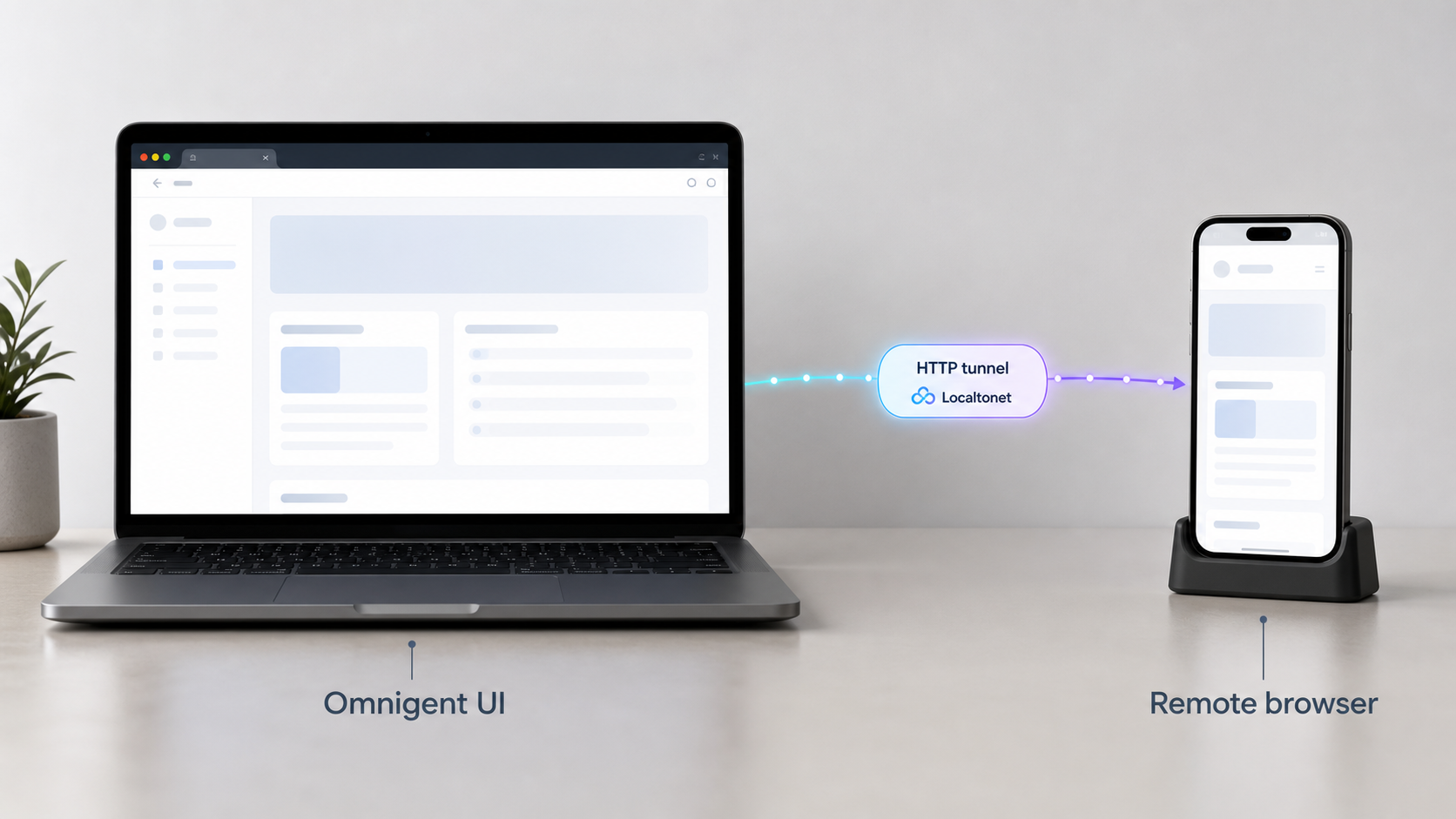 Omnigent running locally on a laptop and accessed remotely through an HTTP tunnel.