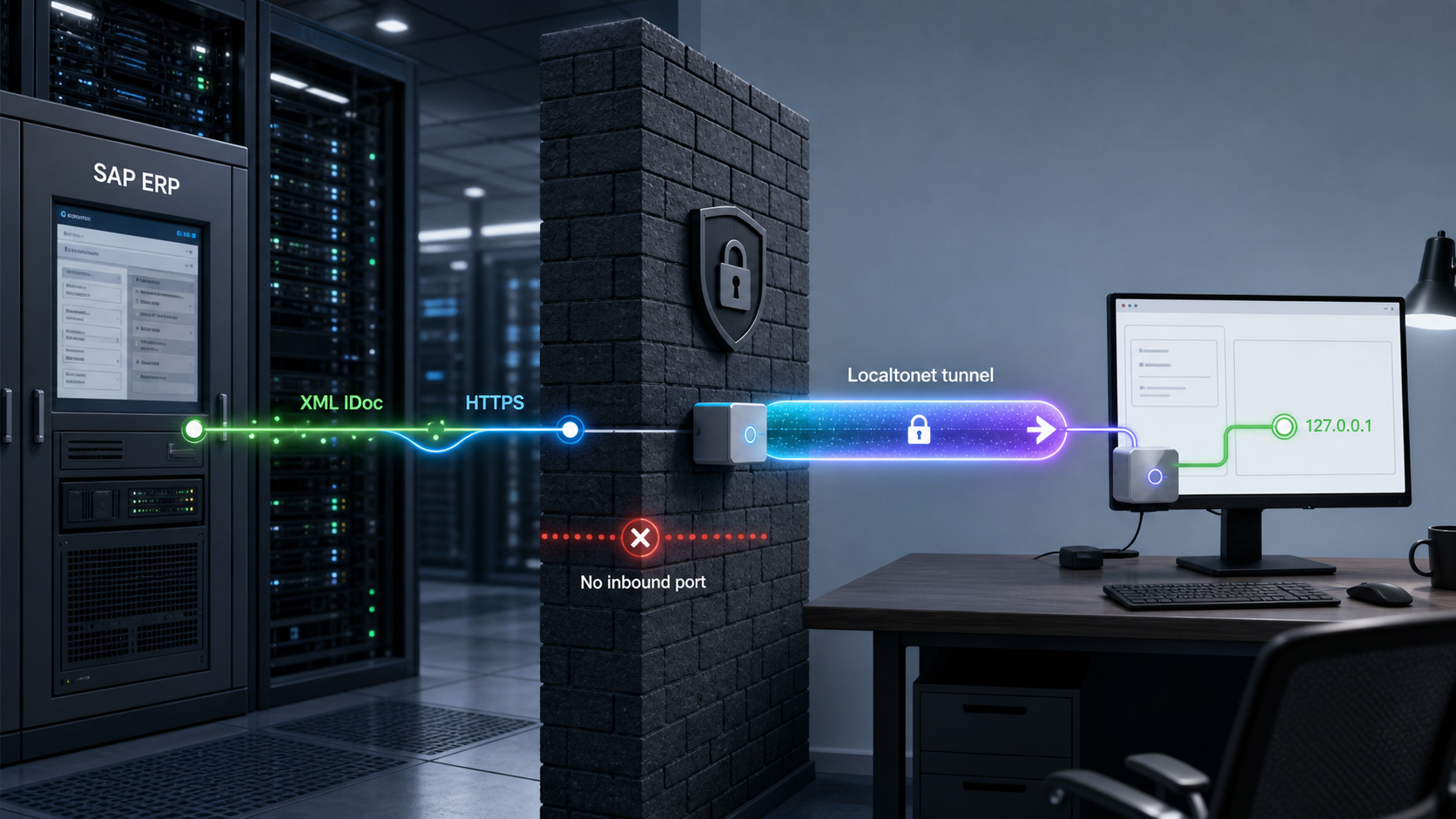 SAP ERP sends an XML IDoc through a Localtonet HTTPS tunnel to a loopback receiver without an inbound firewall port.