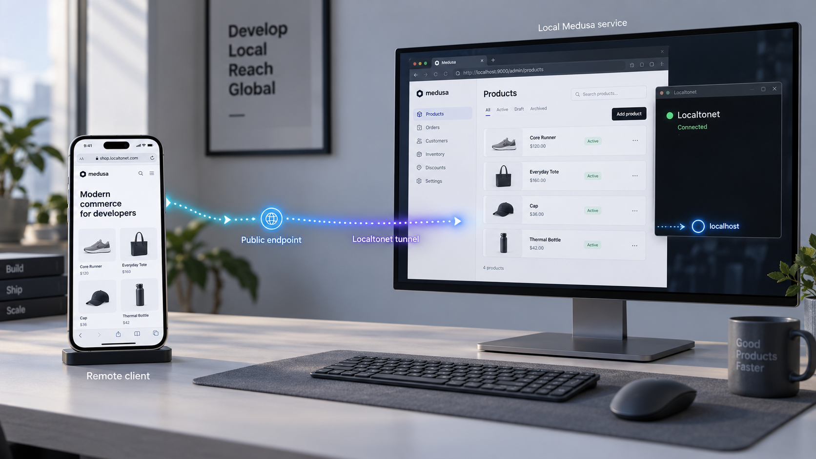 A local Medusa application connected to a remote browser through a Localtonet tunnel.