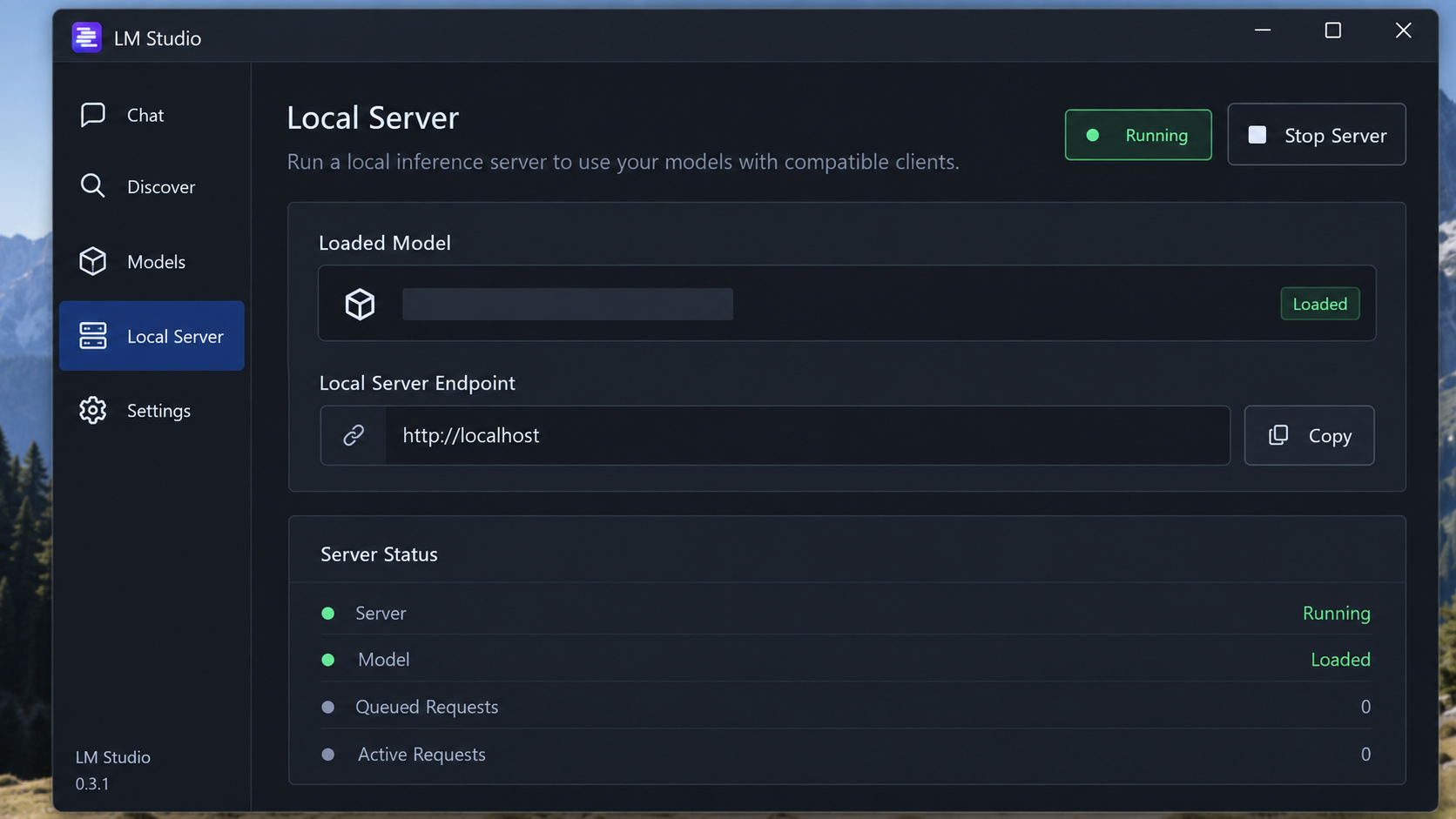 LM Studio with a model loaded and its local inference server running.