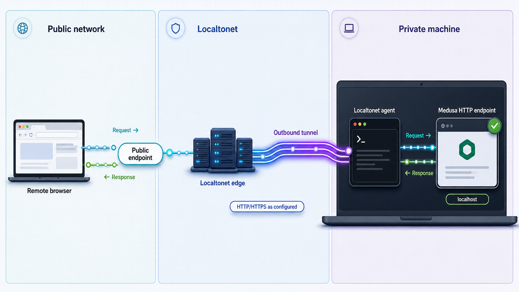 Request path from a public endpoint through Localtonet to a local Medusa HTTP service.