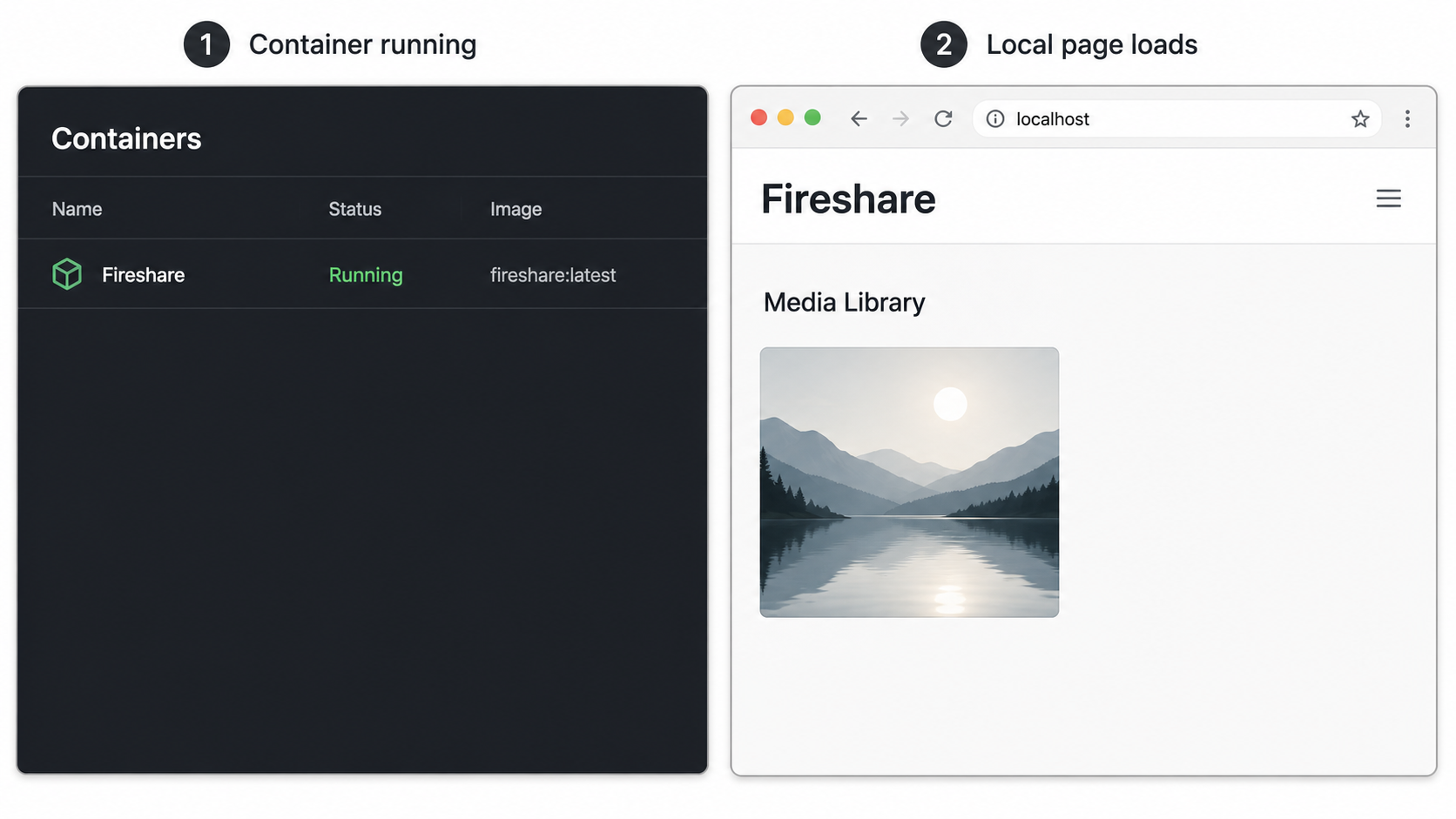 Docker reports Fireshare running while its page loads through localhost.