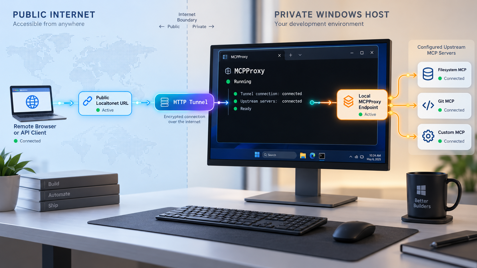 Remote traffic reaches MCPProxy on a Windows computer through a Localtonet HTTP tunnel.
